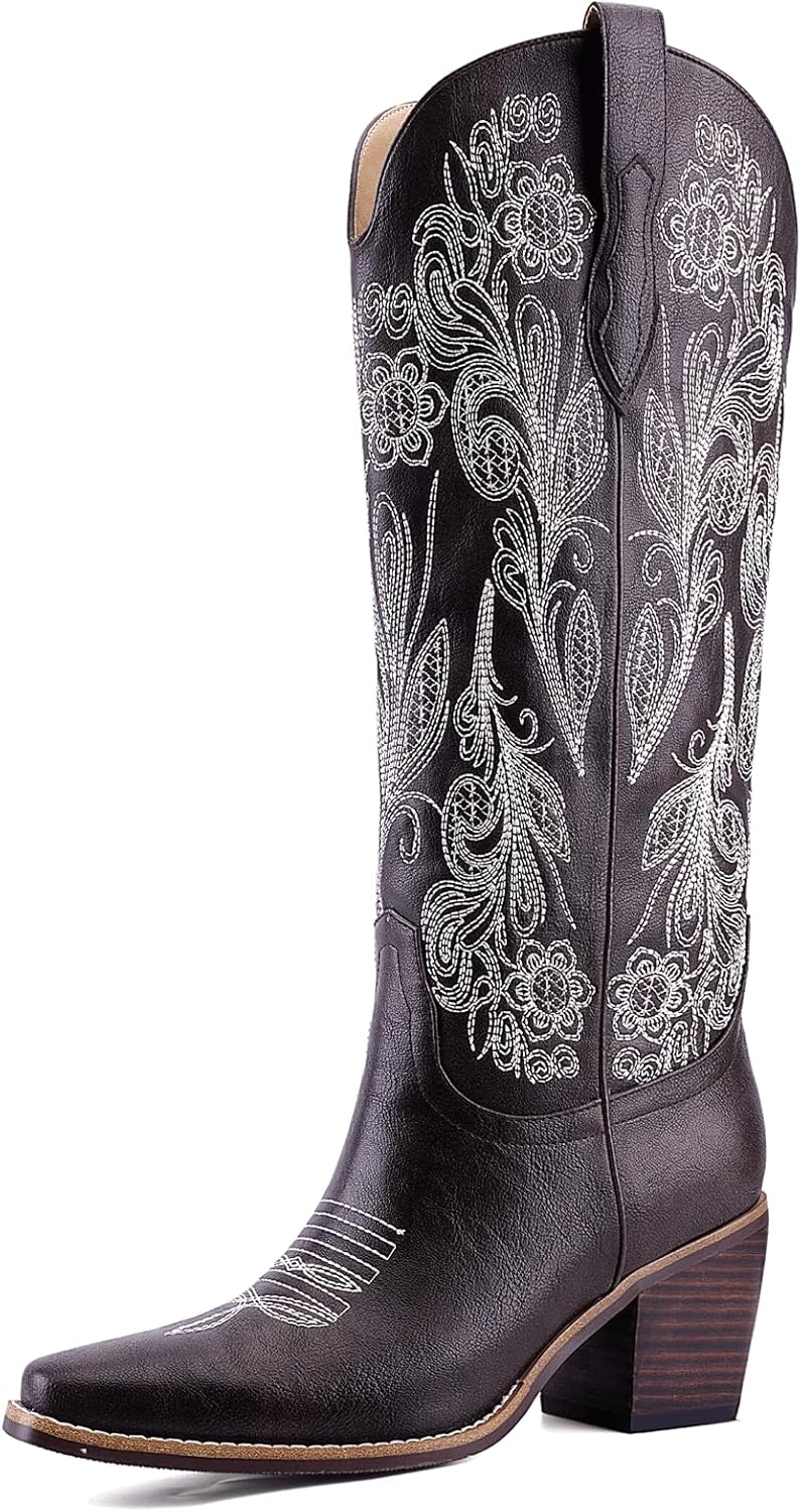 Women's White Cowboy Boots Knee High, Floral Embroidered Western Boots with Pointed Toe & Chunky Heel, Pull On Cowgirl Boots for Spring Outfit, Concert, Festival & Daily Wear 