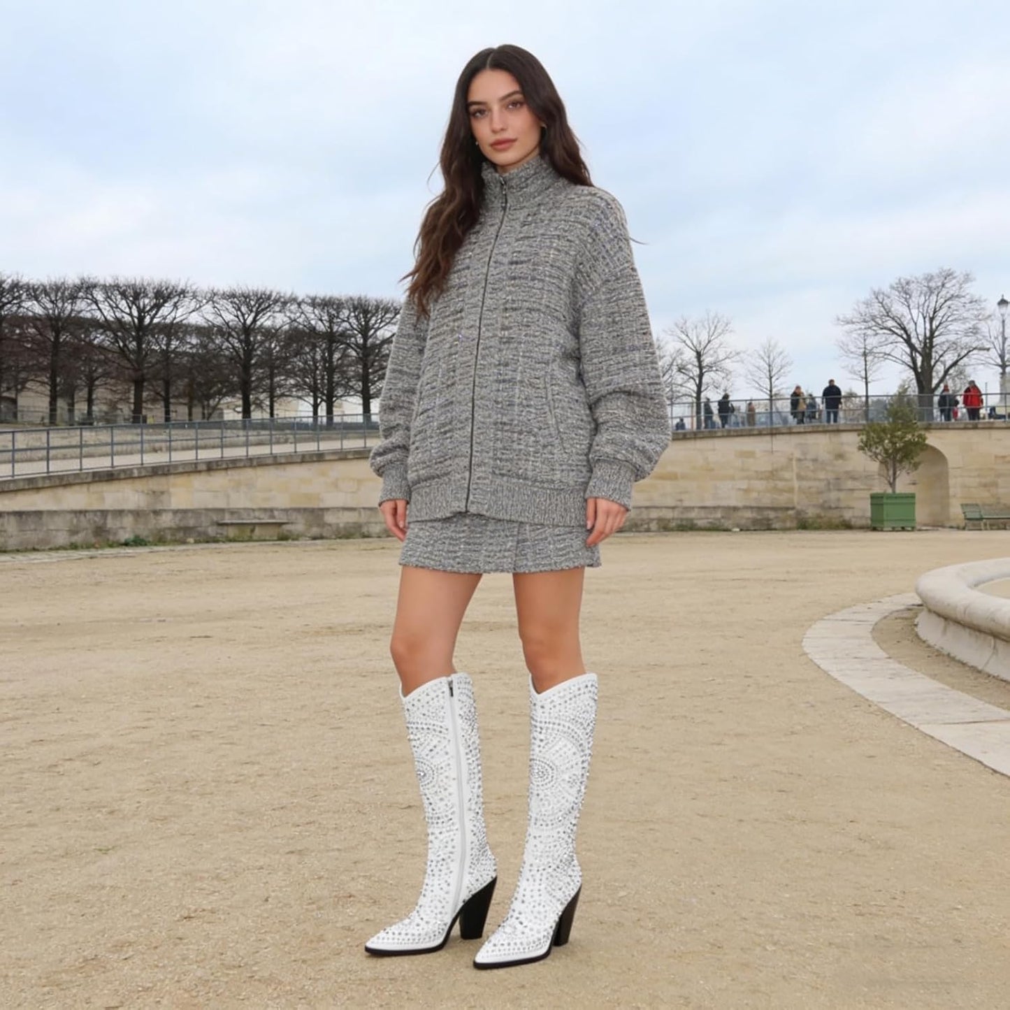Luxurious Studded Women's Knee High Boots, Pointed Toe & Chunky Heel with Metallic Rivets and Rhinestones, Non-Slip Sole, Unique Design Rivets Boot for Party Concert Casual Fall 