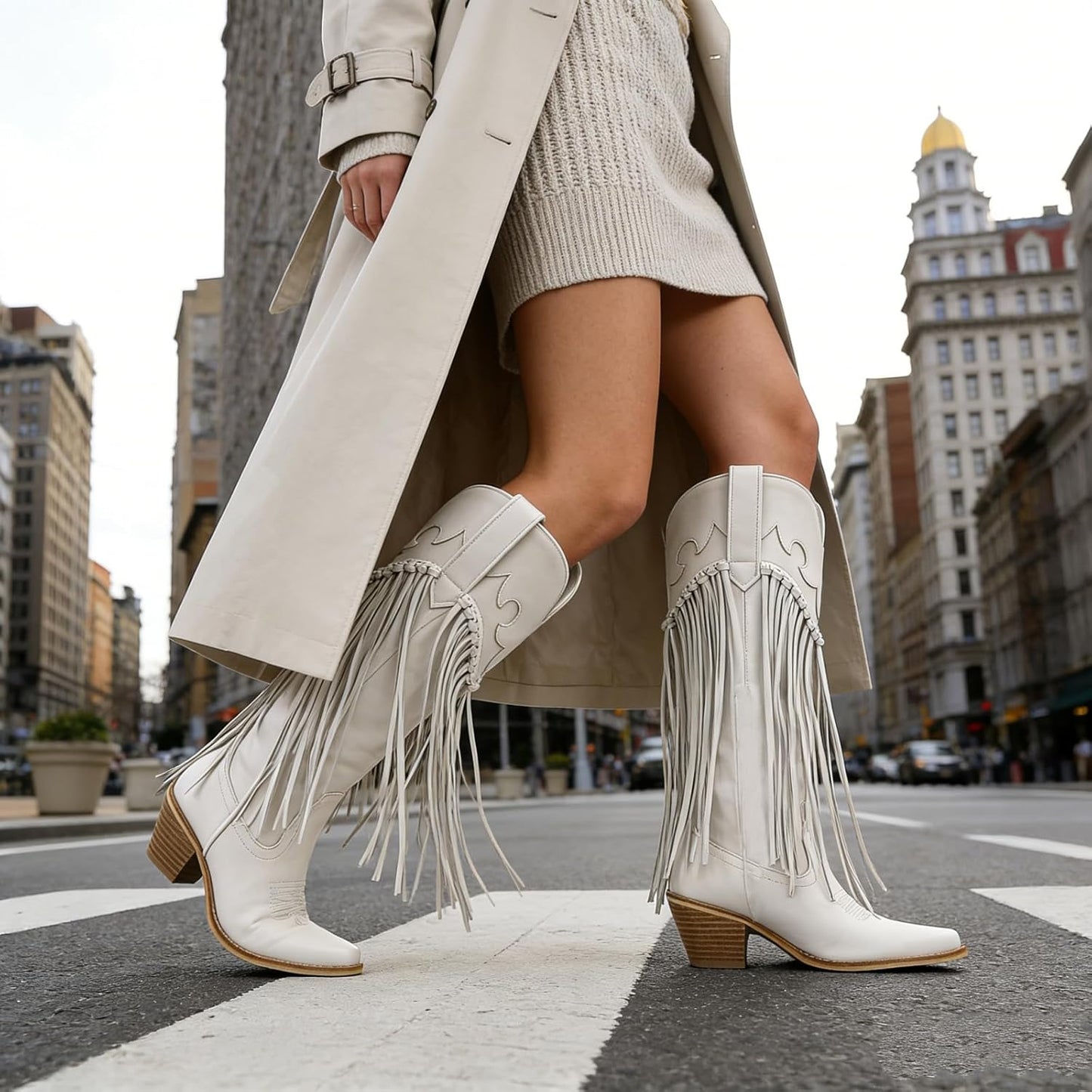 Rhinestone Fringe Cowgirl Boots for Women, Knee High Western Boots with Embroidery, Pointed Toe Chunky Heel Pull On, Concert Festival Statement Boots 