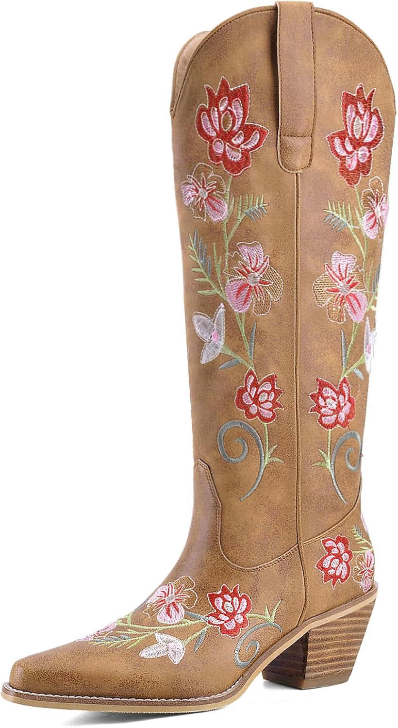 Women's White Cowboy Boots Knee High, Floral Embroidered Western Boots with Pointed Toe & Chunky Heel, Pull On Cowgirl Boots for Spring Outfit, Concert, Festival & Daily Wear 