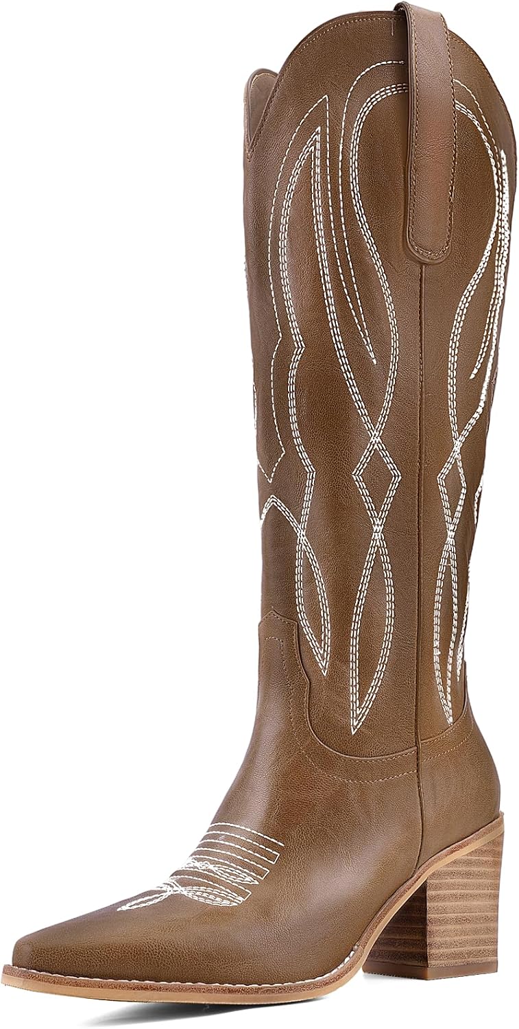 Women's Embroidered Knee-High Western Cowboy Boots, Soft Faux Leather Pull-On Fashion Cowgirl Boots with Pointed Toe and Chunky Heel for Concert, Festival, Party and Daily Outfit 