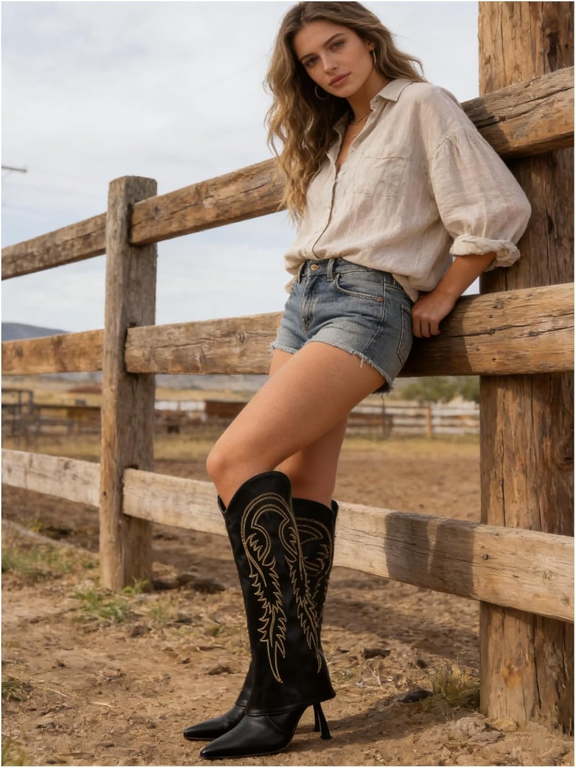 Knee High Cowgirl Boots for Women, Western Fold Over Stiletto Heel, Pointed Toe Pull-On Boots with Leaf Embroidery, Elegant Dress Boots for Party Vacation Casual Wear 