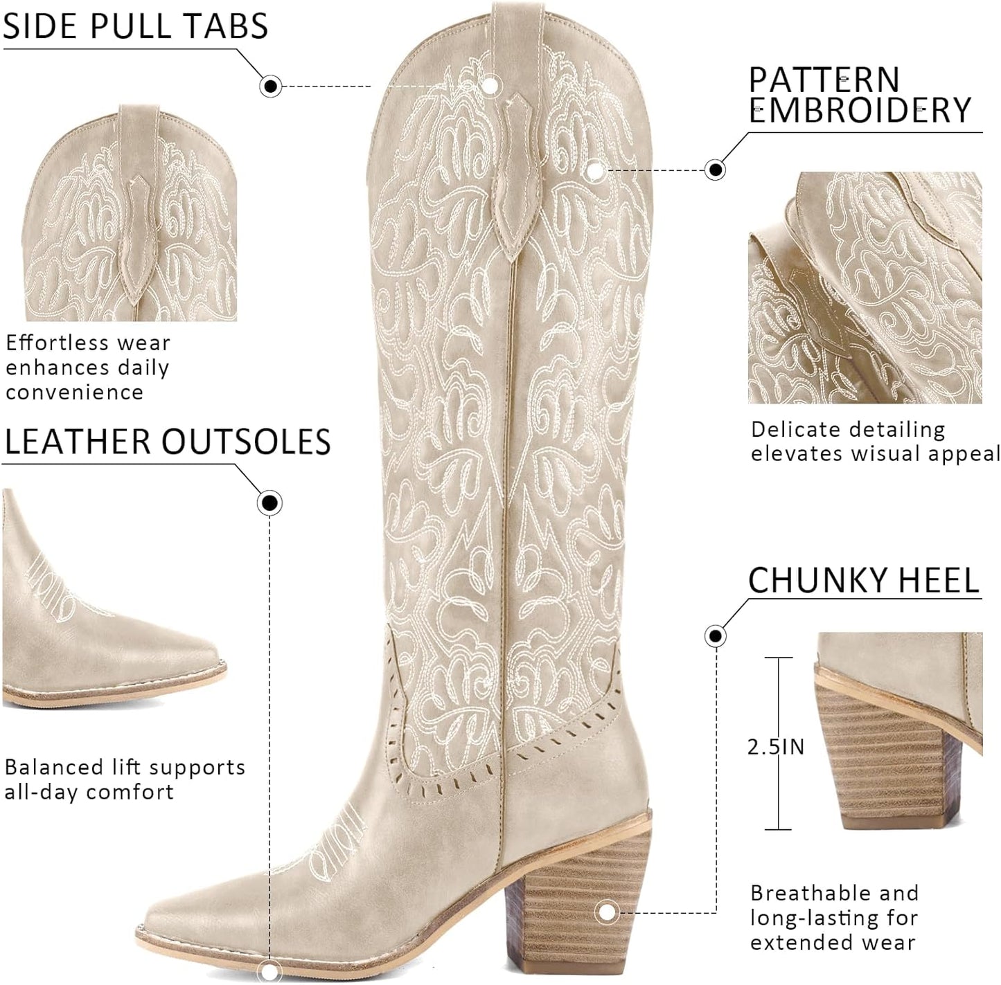 Women's Embroidered Knee-High Western Cowboy Boots, Soft Faux Leather Pull-On Fashion Cowgirl Boots with Pointed Toe and Chunky Heel for Concert, Festival, Party and Daily Outfit 