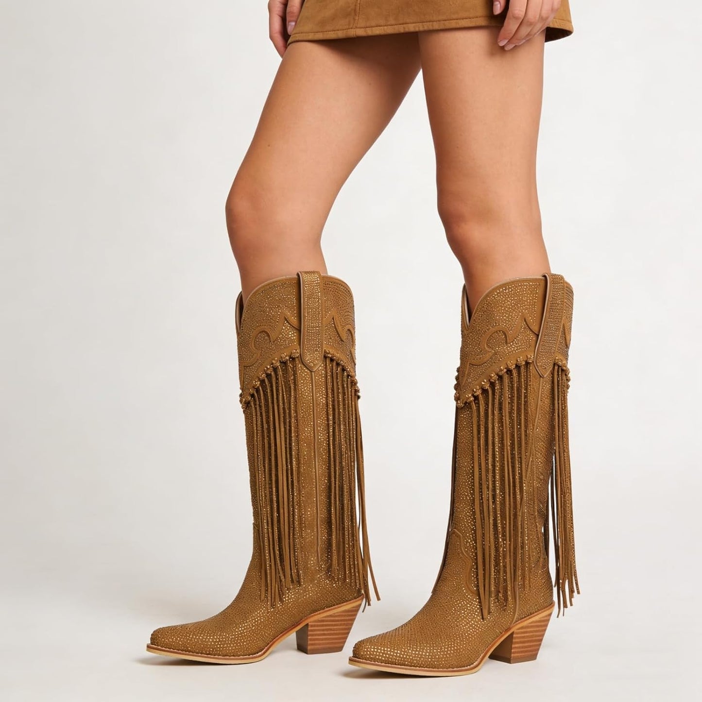 Rhinestone Fringe Cowgirl Boots for Women, Knee High Western Boots with Embroidery, Pointed Toe Chunky Heel Pull On, Concert Festival Statement Boots 