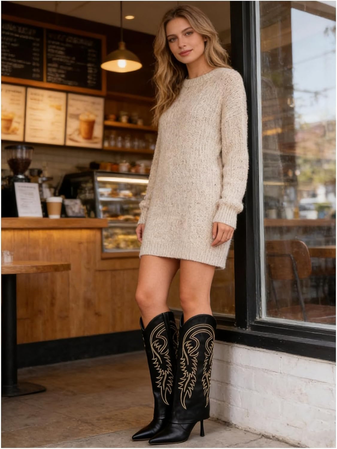 Knee High Cowgirl Boots for Women, Western Fold Over Stiletto Heel, Pointed Toe Pull-On Boots with Leaf Embroidery, Elegant Dress Boots for Party Vacation Casual Wear 
