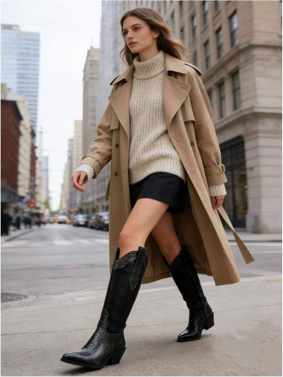 Cowboy Boots for Women Comfortable Chunky Heel, Embroidered Western Knee High Boots with Pointed Toe for Country Concert, Retro Cowgirl Style 