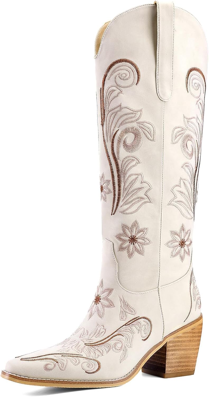 Women's White Cowboy Boots Knee High, Floral Embroidered Western Boots with Pointed Toe & Chunky Heel, Pull On Cowgirl Boots for Spring Outfit, Concert, Festival & Daily Wear 