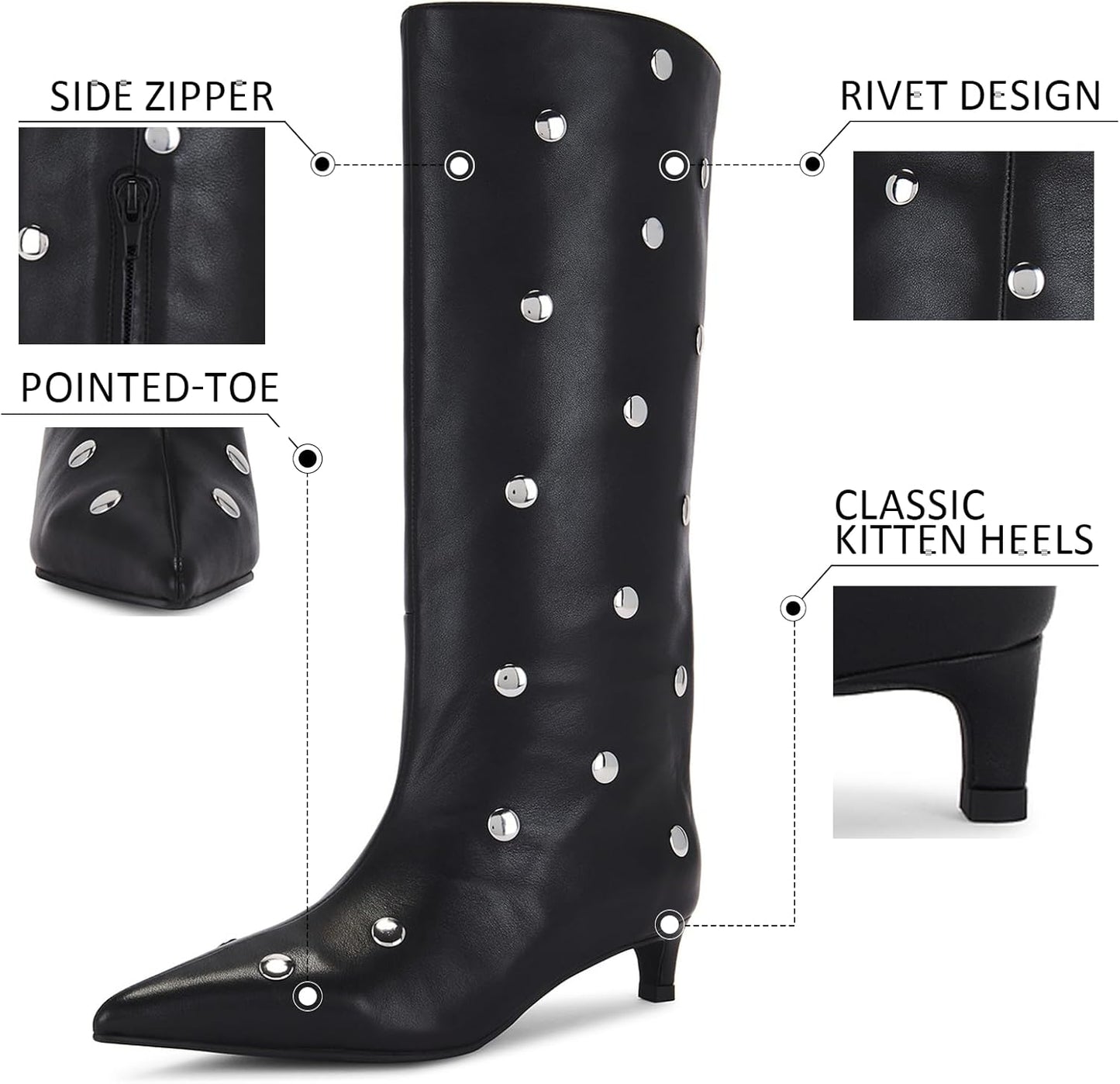 Women's Mid-Calf Boots with Studded Detail, Square Toe Low Kitten Heel Faux Leather Boots with Side Zipper, Fashion Mid Calf Boots for Party, Daily Wear and Fall Outfits 