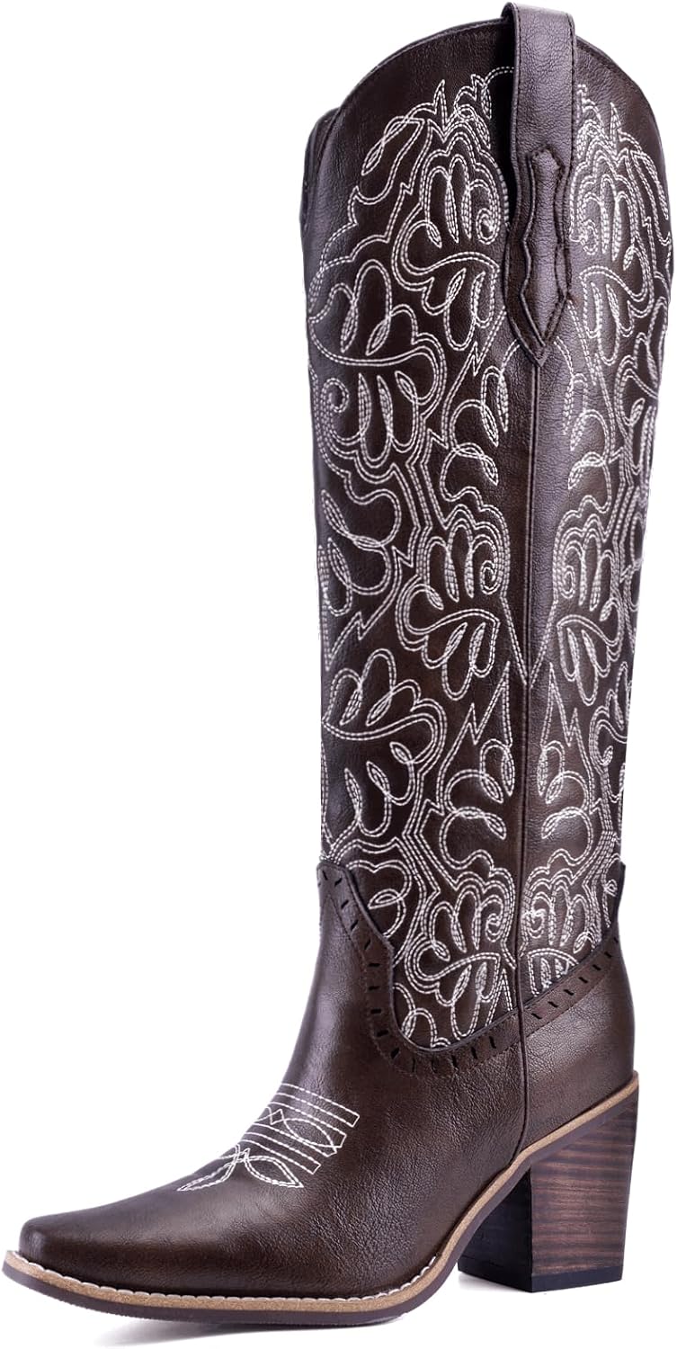 Women's Embroidered Knee-High Western Cowboy Boots, Soft Faux Leather Pull-On Fashion Cowgirl Boots with Pointed Toe and Chunky Heel for Concert, Festival, Party and Daily Outfit