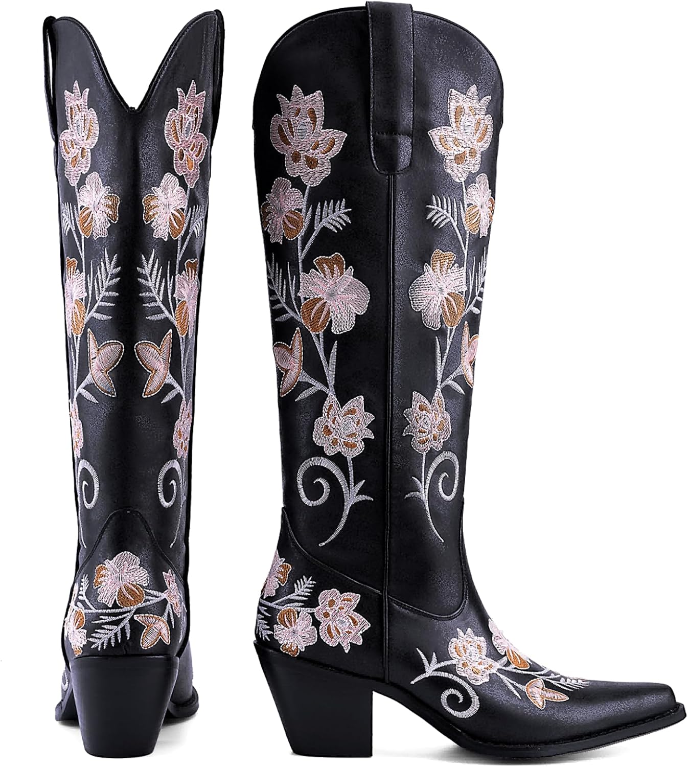 Women's White Cowboy Boots Knee High, Floral Embroidered Western Boots with Pointed Toe & Chunky Heel, Pull On Cowgirl Boots for Spring Outfit, Concert, Festival & Daily Wear 