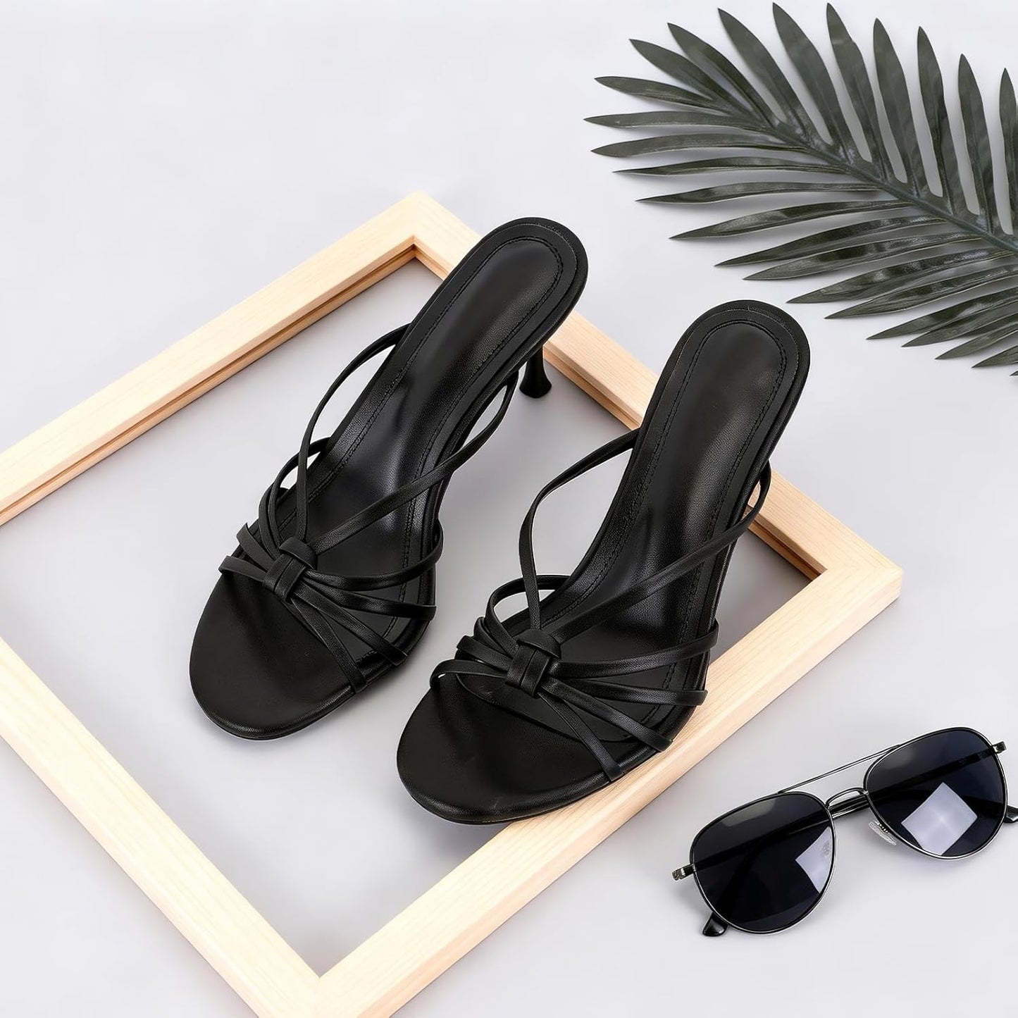 Women's Heeled Sandals, Strappy Mule Heels Slip On Open Toe with Knotted Strap, Dressy High Heel Sandals for Party Daily 