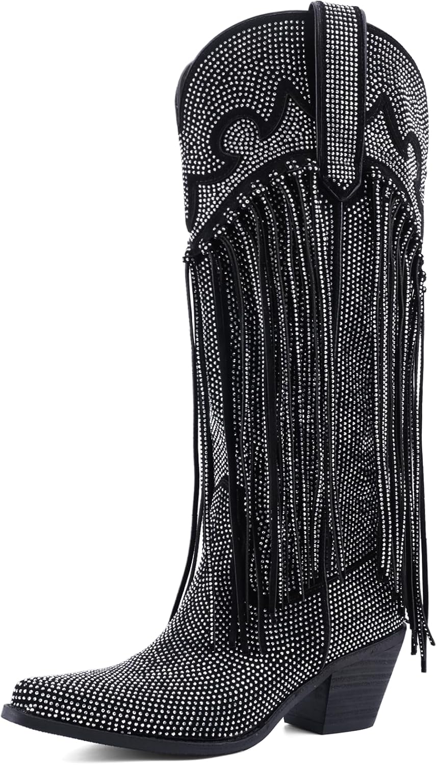 Rhinestone Fringe Cowgirl Boots for Women, Knee High Western Boots with Embroidery, Pointed Toe Chunky Heel Pull On, Concert Festival Statement Boots 