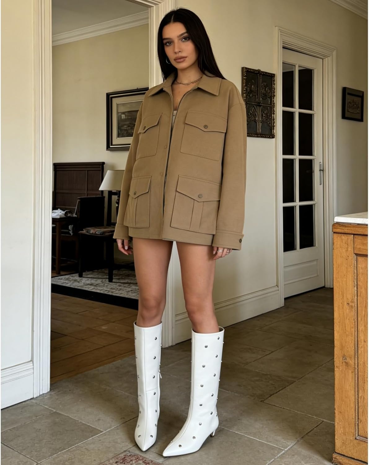 Women's Mid-Calf Boots with Studded Detail, Square Toe Low Kitten Heel Faux Leather Boots with Side Zipper, Fashion Mid Calf Boots for Party, Daily Wear and Fall Outfits 