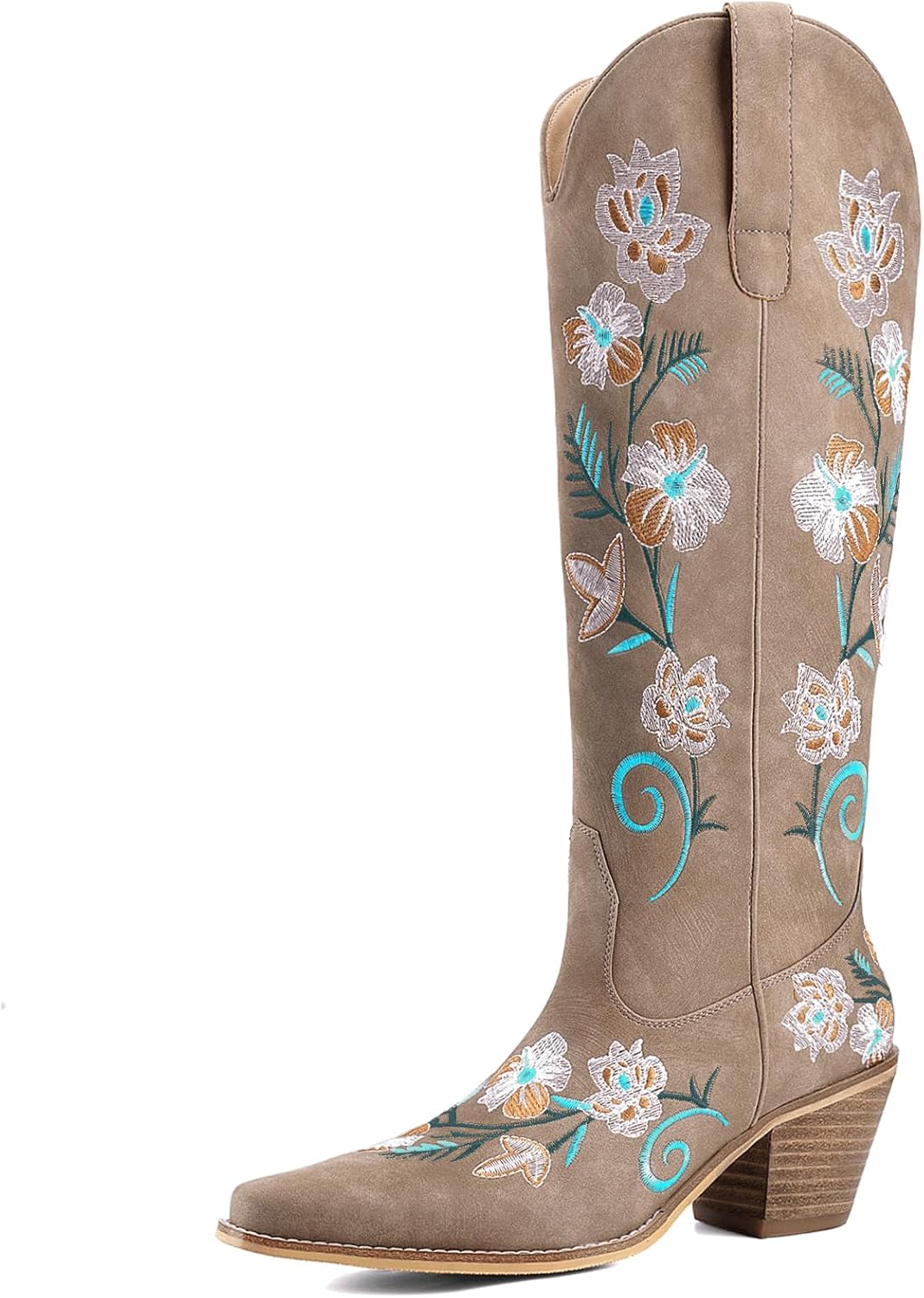 Women's White Cowboy Boots Knee High, Floral Embroidered Western Boots with Pointed Toe & Chunky Heel, Pull On Cowgirl Boots for Spring Outfit, Concert, Festival & Daily Wear 