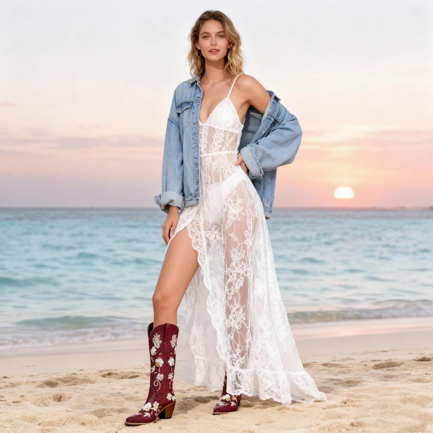 Women's White Cowboy Boots Knee High, Floral Embroidered Western Boots with Pointed Toe & Chunky Heel, Pull On Cowgirl Boots for Spring Outfit, Concert, Festival & Daily Wear 