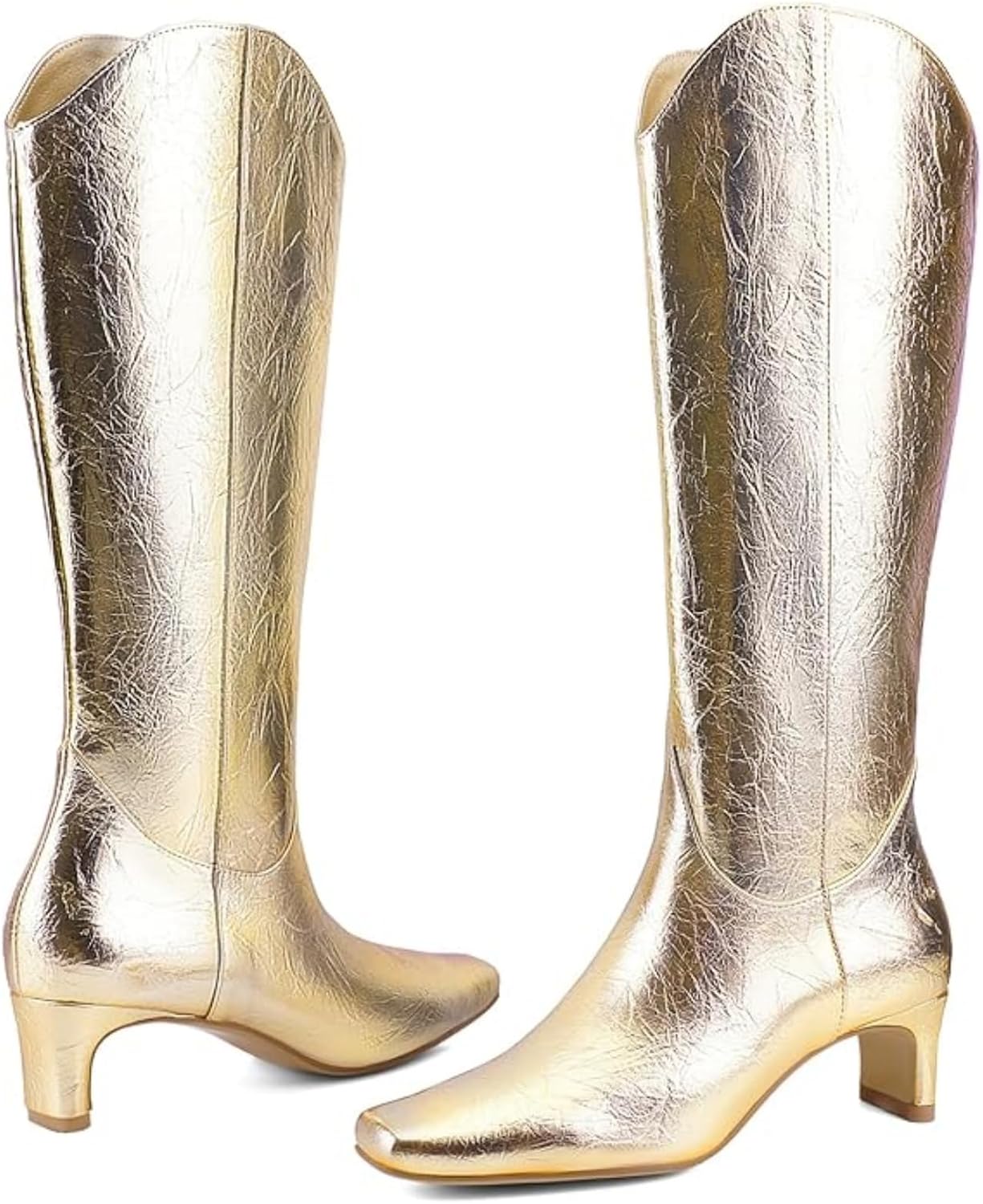 Women's Knee High Boots Square Toe, Chunky Heel Pull On Boots, Faux Leather Non-Slip Winter Boots for Party, Dating & Daily Wear, Minimalist Classic Style in Gold & Black 