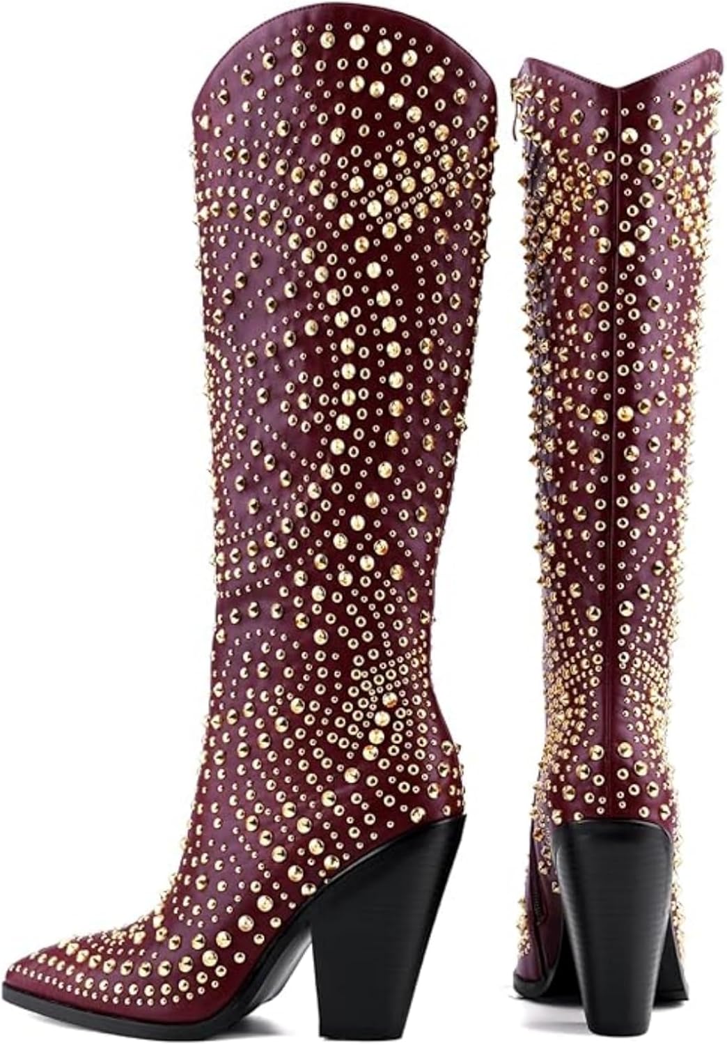 Luxurious Studded Women's Knee High Boots, Pointed Toe & Chunky Heel with Metallic Rivets and Rhinestones, Non-Slip Sole, Unique Design Rivets Boot for Party Concert Casual Fall 
