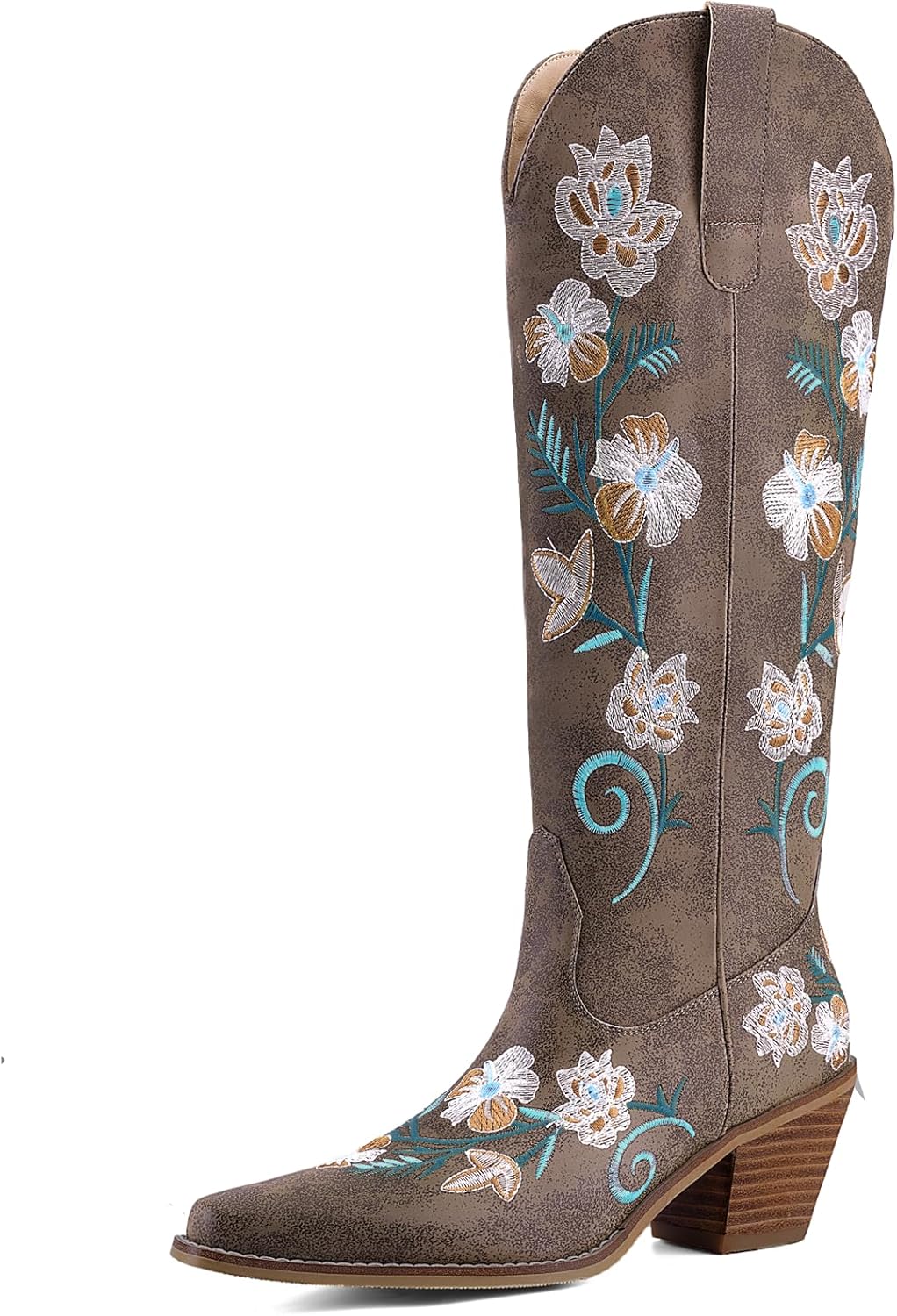 Women's White Cowboy Boots Knee High, Floral Embroidered Western Boots with Pointed Toe & Chunky Heel, Pull On Cowgirl Boots for Spring Outfit, Concert, Festival & Daily Wear 