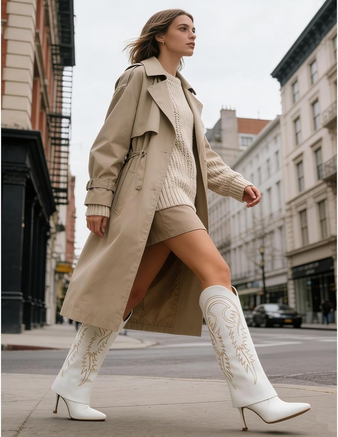 Knee High Cowgirl Boots for Women, Western Fold Over Stiletto Heel, Pointed Toe Pull-On Boots with Leaf Embroidery, Elegant Dress Boots for Party Vacation Casual Wear 