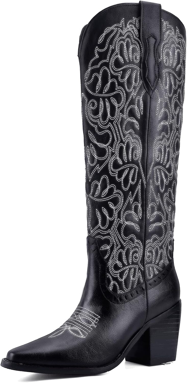 Women's Embroidered Knee-High Western Cowboy Boots, Soft Faux Leather Pull-On Fashion Cowgirl Boots with Pointed Toe and Chunky Heel for Concert, Festival, Party and Daily Outfit