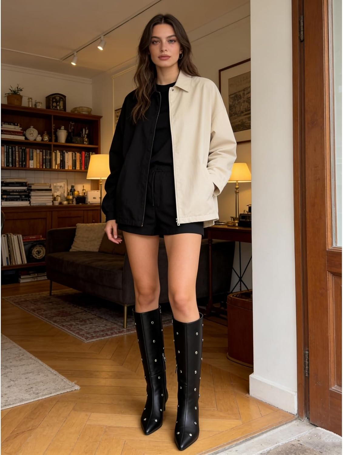 Women's Mid-Calf Boots with Studded Detail, Square Toe Low Kitten Heel Faux Leather Boots with Side Zipper, Fashion Mid Calf Boots for Party, Daily Wear and Fall Outfits 