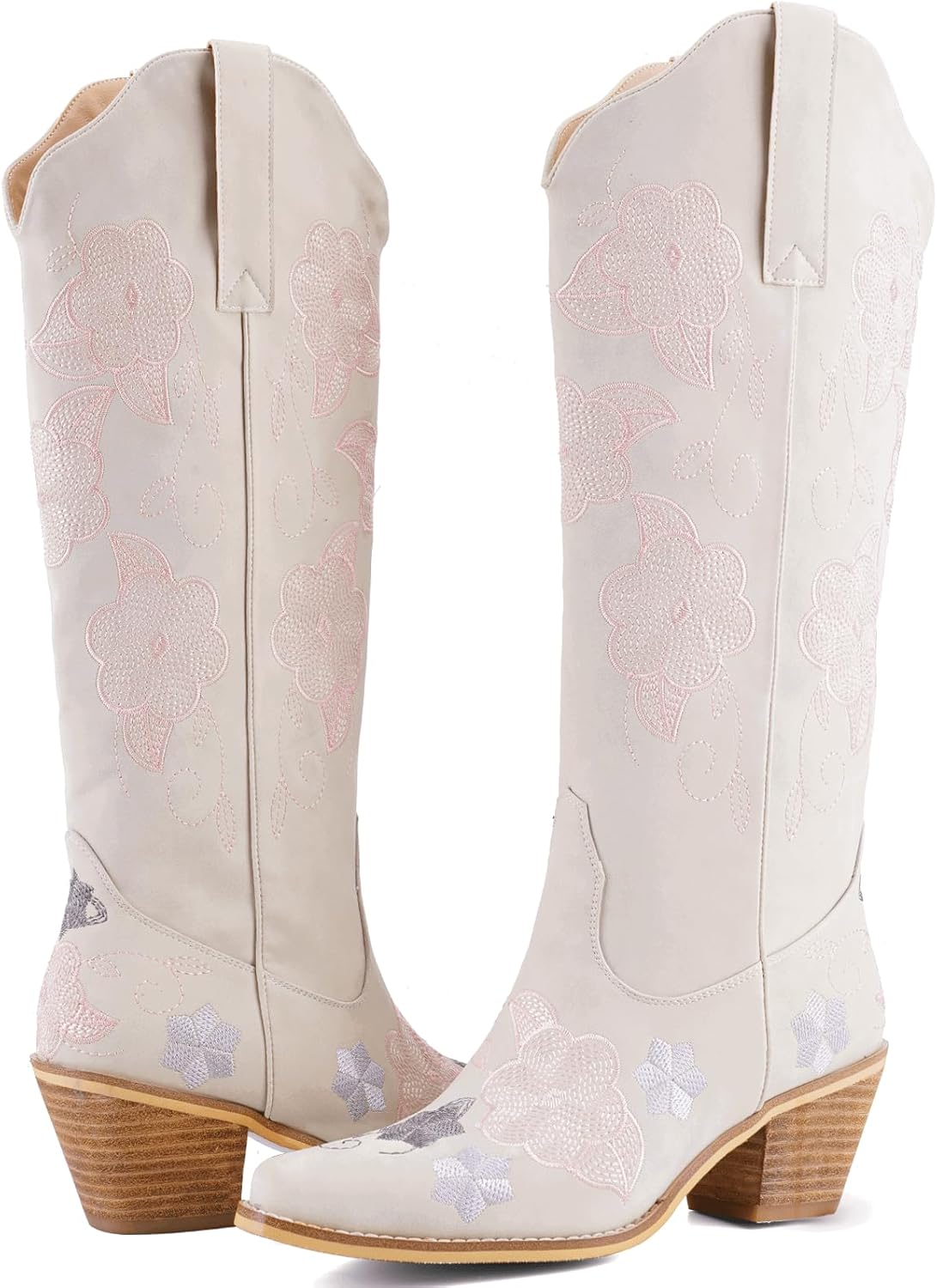 Women's White Cowboy Boots Knee High, Floral Embroidered Western Boots with Pointed Toe & Chunky Heel, Pull On Cowgirl Boots for Spring Outfit, Concert, Festival & Daily Wear 