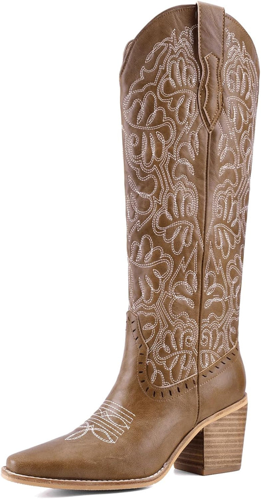 Women's Embroidered Knee-High Western Cowboy Boots, Soft Faux Leather Pull-On Fashion Cowgirl Boots with Pointed Toe and Chunky Heel for Concert, Festival, Party and Daily Outfit 