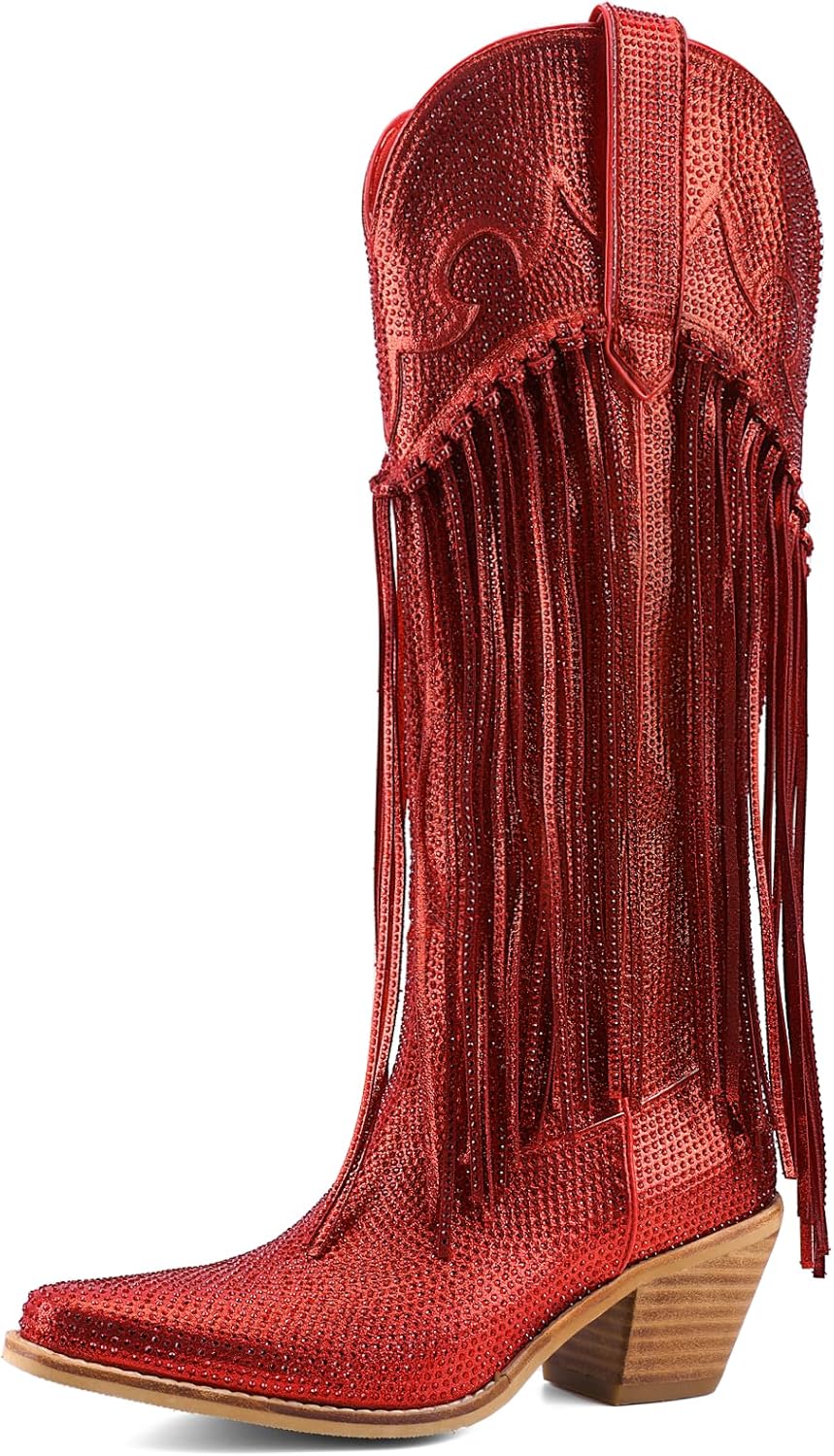 Rhinestone Fringe Cowgirl Boots for Women, Knee High Western Boots with Embroidery, Pointed Toe Chunky Heel Pull On, Concert Festival Statement Boots 