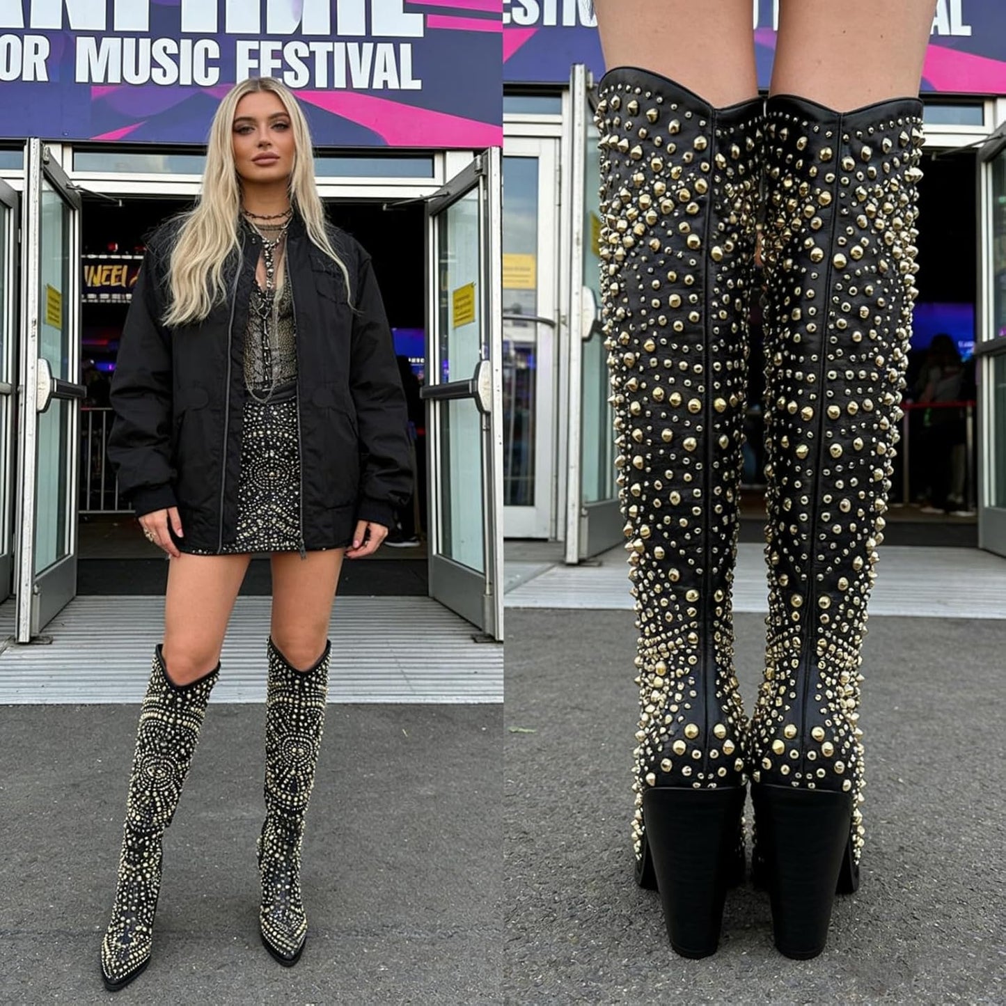 Luxurious Studded Women's Knee High Boots, Pointed Toe & Chunky Heel with Metallic Rivets and Rhinestones, Non-Slip Sole, Unique Design Rivets Boot for Party Concert Casual Fall 