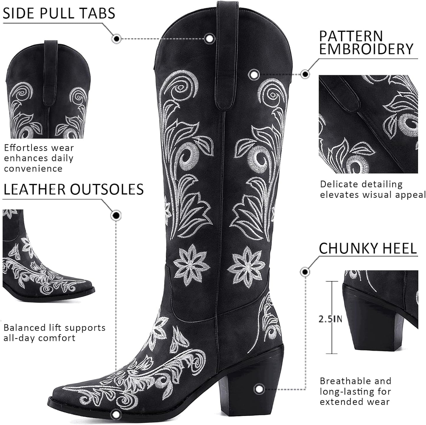 Women's White Cowboy Boots Knee High, Floral Embroidered Western Boots with Pointed Toe & Chunky Heel, Pull On Cowgirl Boots for Spring Outfit, Concert, Festival & Daily Wear 
