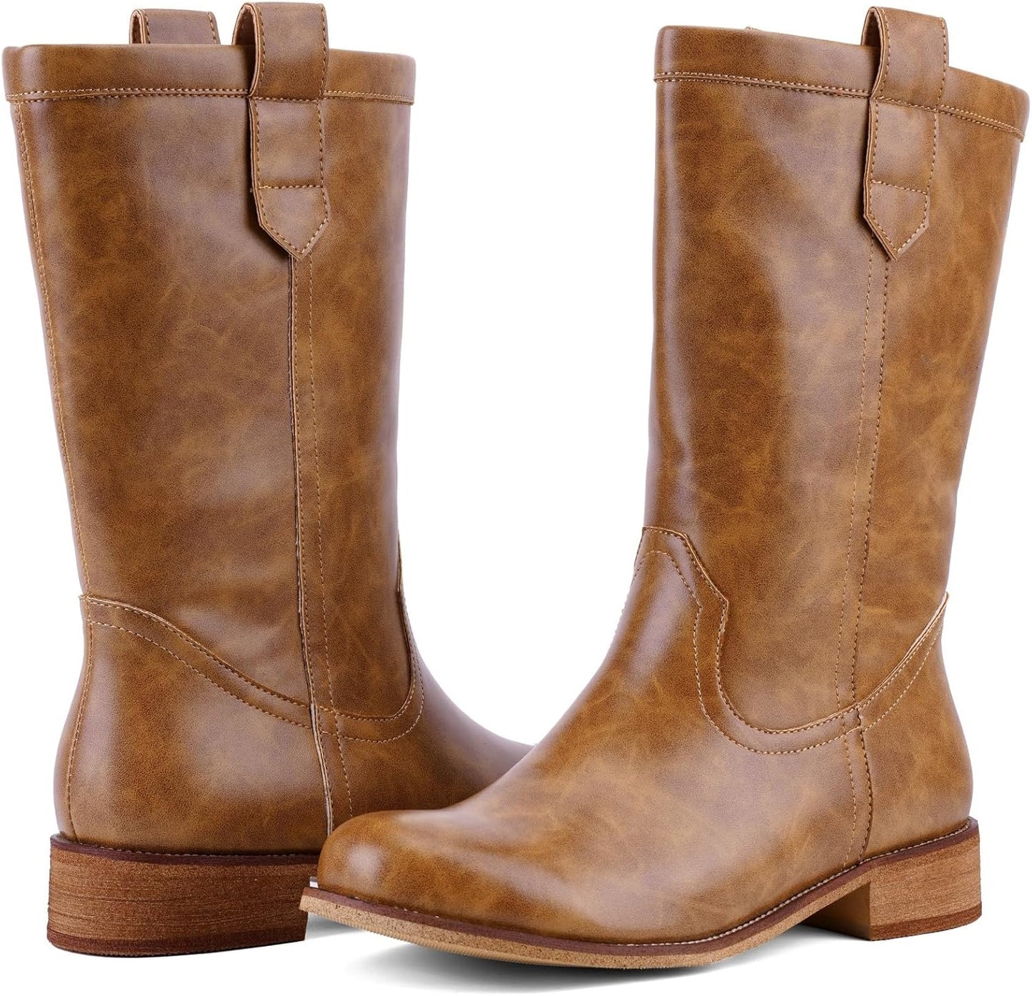 Women's Mid Calf Riding Boots with Chunky Heel, Pull On Classic Boots, Comfortable Round Toe Casual Dress Boots for Daily Party Dating Commuting 