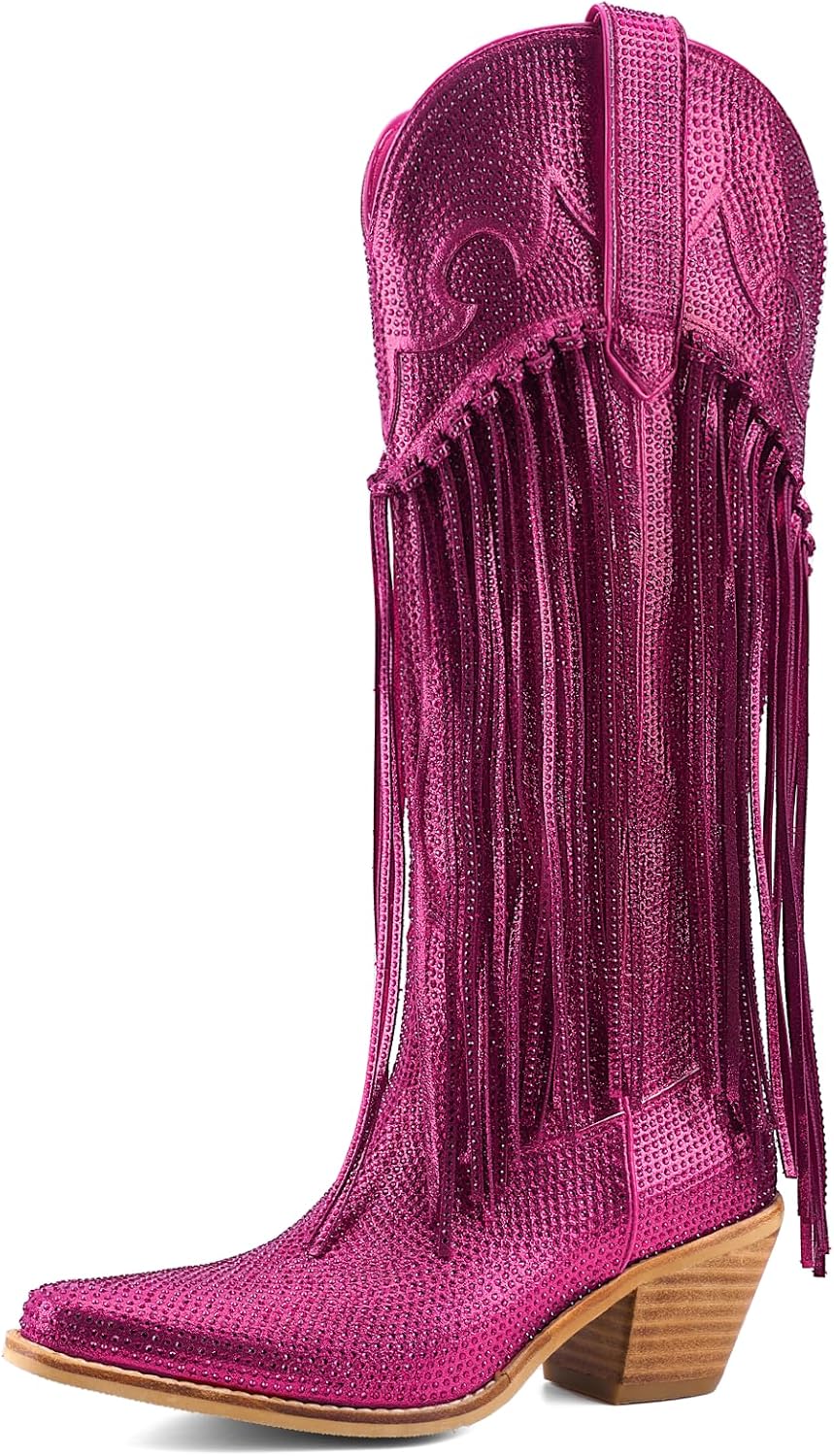 Rhinestone Fringe Cowgirl Boots for Women, Knee High Western Boots with Embroidery, Pointed Toe Chunky Heel Pull On, Concert Festival Statement Boots 