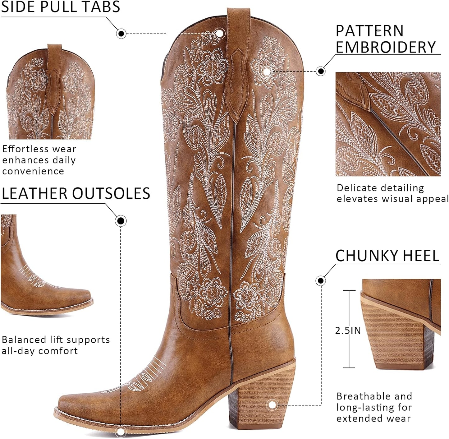 Women's White Cowboy Boots Knee High, Floral Embroidered Western Boots with Pointed Toe & Chunky Heel, Pull On Cowgirl Boots for Spring Outfit, Concert, Festival & Daily Wear 