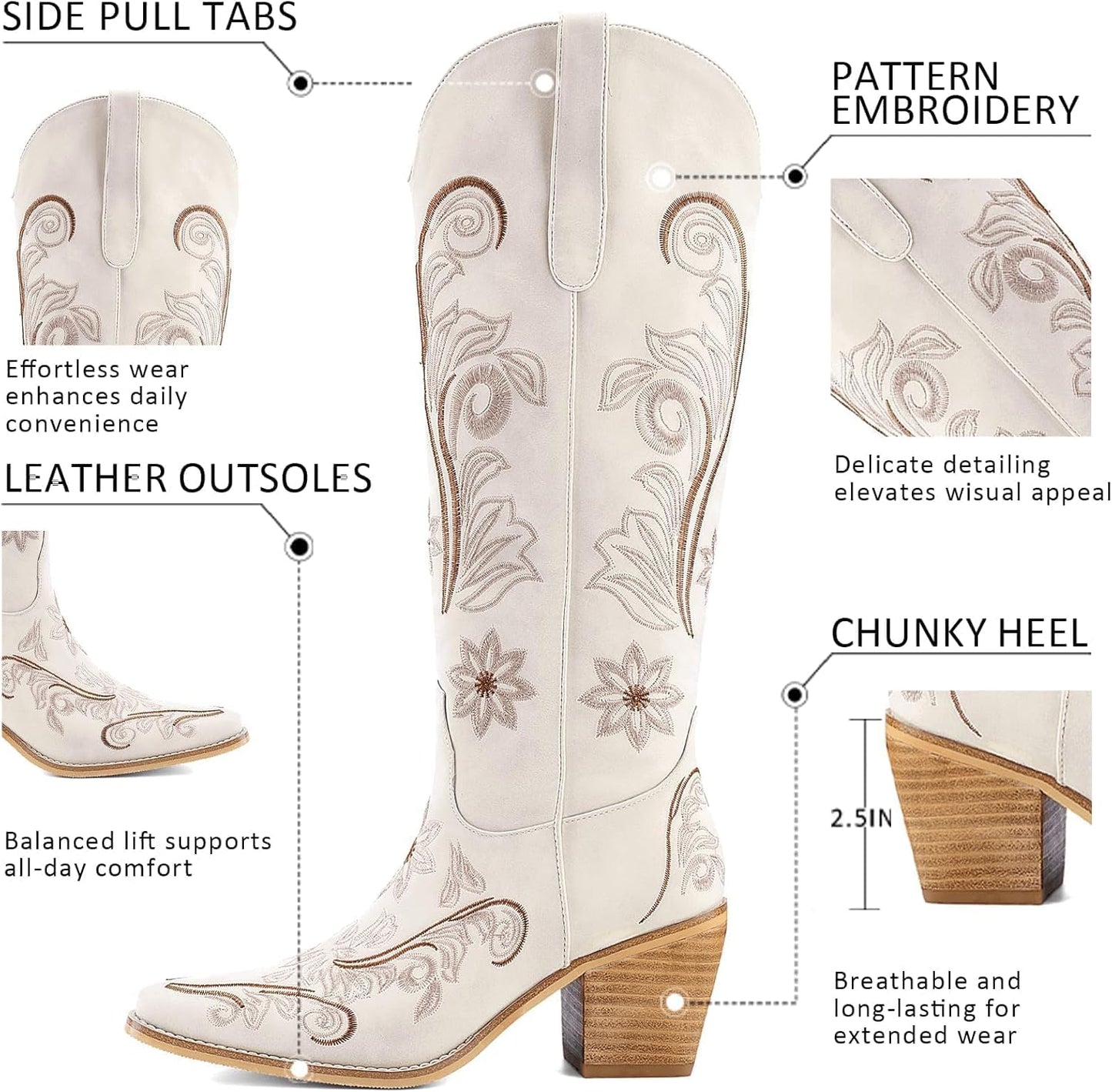 Women's White Cowboy Boots Knee High, Floral Embroidered Western Boots with Pointed Toe & Chunky Heel, Pull On Cowgirl Boots for Spring Outfit, Concert, Festival & Daily Wear 