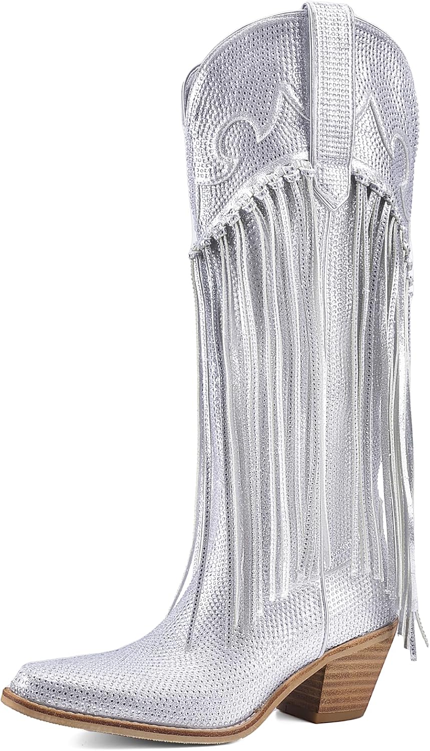 Rhinestone Fringe Cowgirl Boots for Women, Knee High Western Boots with Embroidery, Pointed Toe Chunky Heel Pull On, Concert Festival Statement Boots 