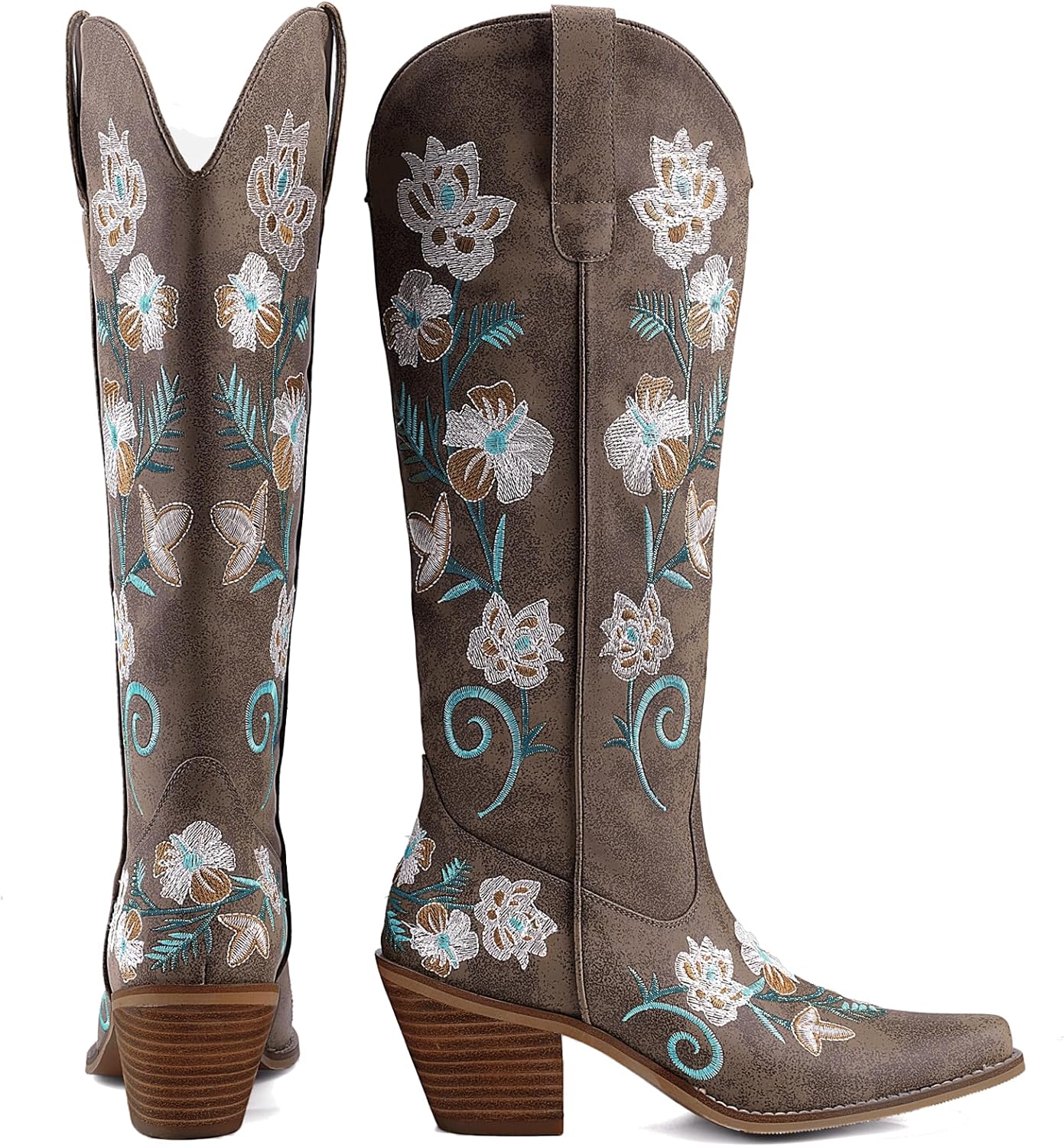 Women's White Cowboy Boots Knee High, Floral Embroidered Western Boots with Pointed Toe & Chunky Heel, Pull On Cowgirl Boots for Spring Outfit, Concert, Festival & Daily Wear 