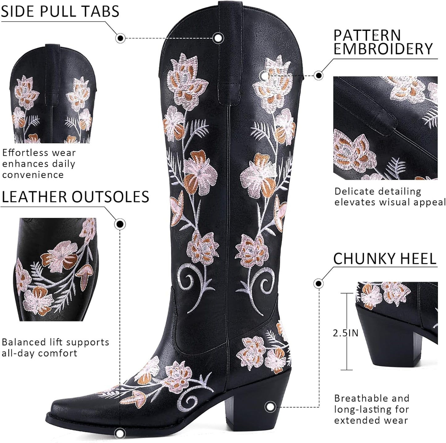 Women's White Cowboy Boots Knee High, Floral Embroidered Western Boots with Pointed Toe & Chunky Heel, Pull On Cowgirl Boots for Spring Outfit, Concert, Festival & Daily Wear 