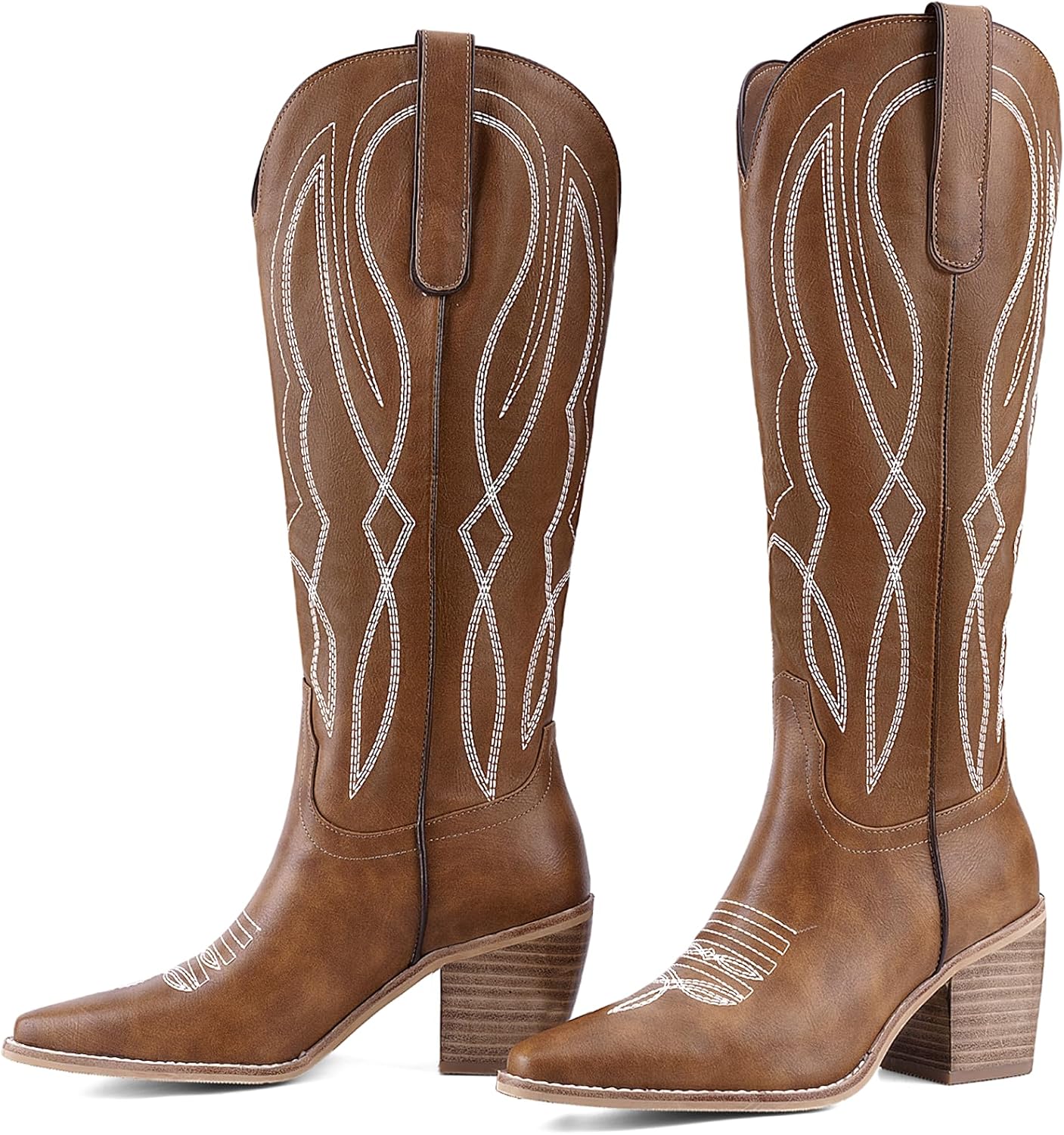 Women's Embroidered Knee-High Western Cowboy Boots, Soft Faux Leather Pull-On Fashion Cowgirl Boots with Pointed Toe and Chunky Heel for Concert, Festival, Party and Daily Outfit 