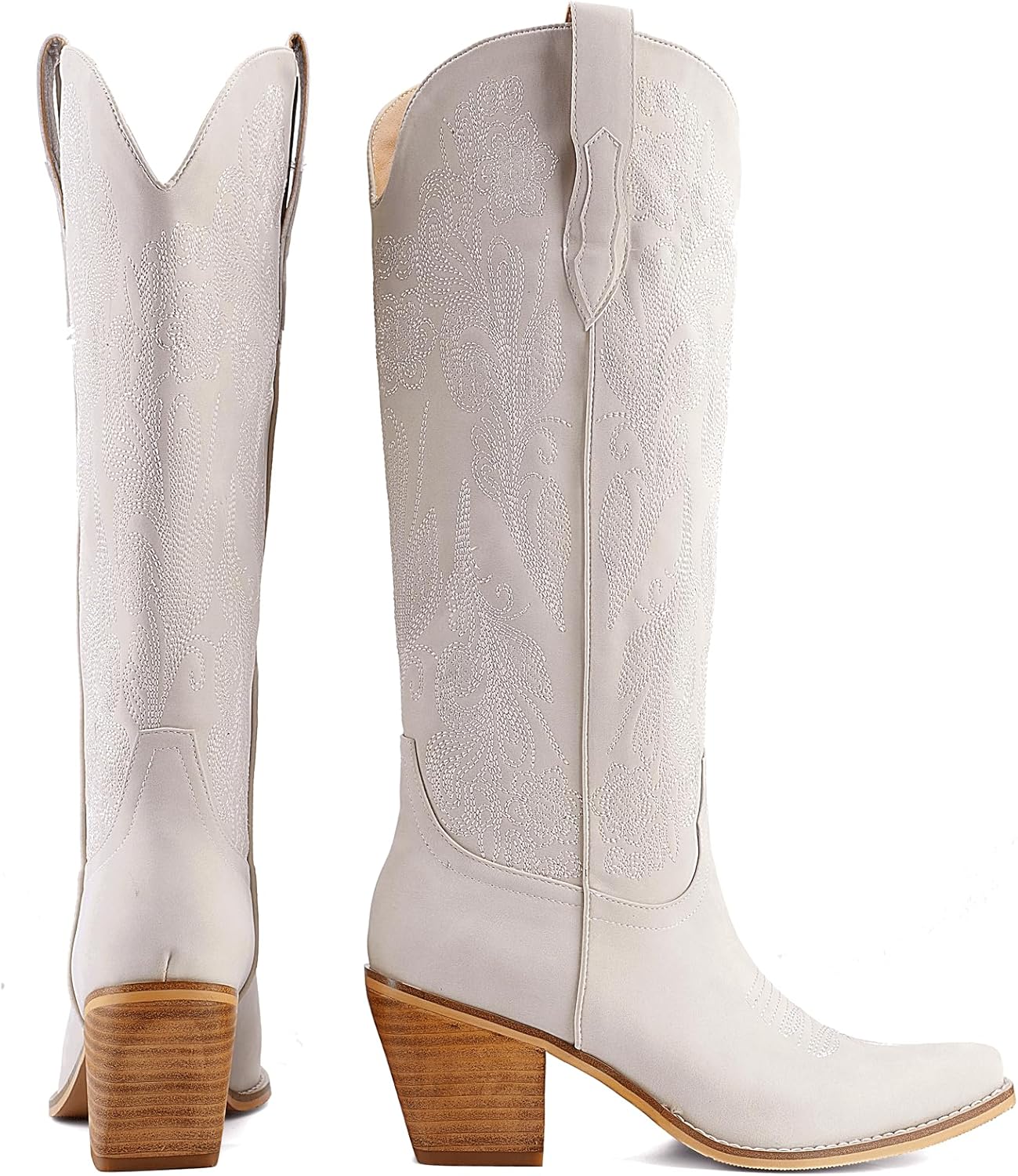Women's White Cowboy Boots Knee High, Floral Embroidered Western Boots with Pointed Toe & Chunky Heel, Pull On Cowgirl Boots for Spring Outfit, Concert, Festival & Daily Wear 