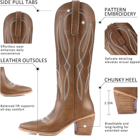 Women's Embroidered Knee-High Western Cowboy Boots, Soft Faux Leather Pull-On Fashion Cowgirl Boots with Pointed Toe and Chunky Heel for Concert, Festival, Party and Daily Outfit 