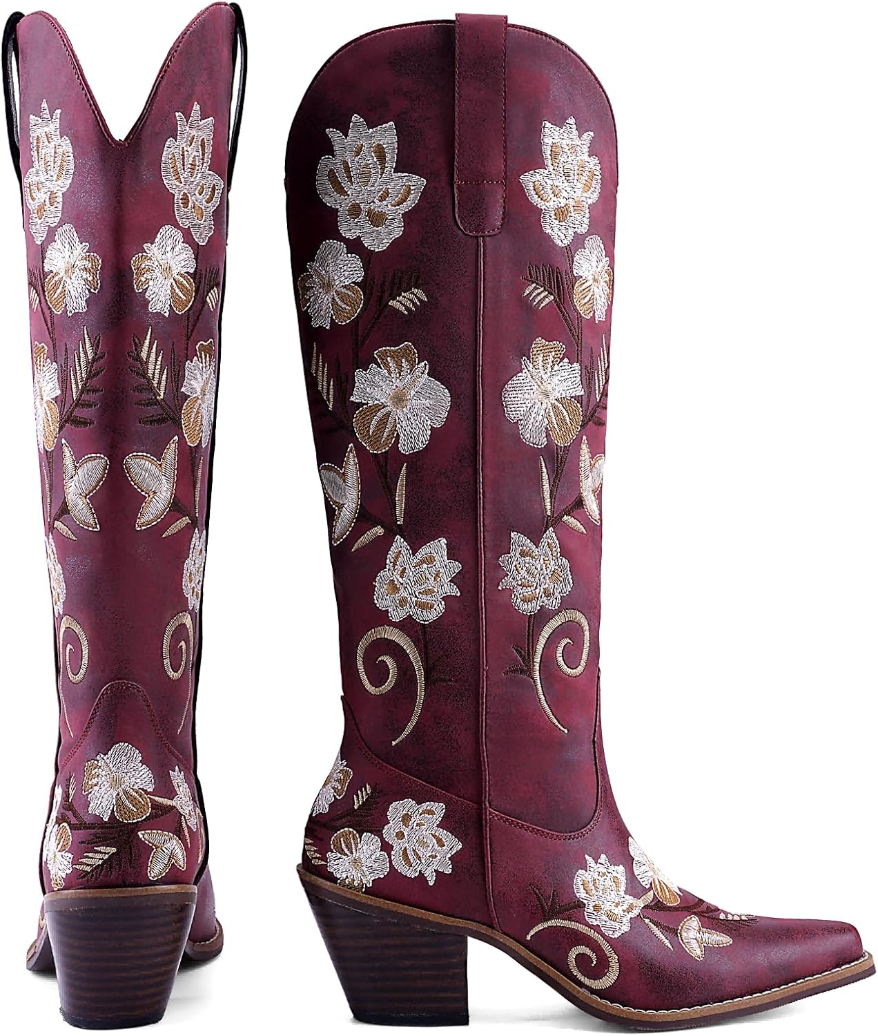 Women's White Cowboy Boots Knee High, Floral Embroidered Western Boots with Pointed Toe & Chunky Heel, Pull On Cowgirl Boots for Spring Outfit, Concert, Festival & Daily Wear 