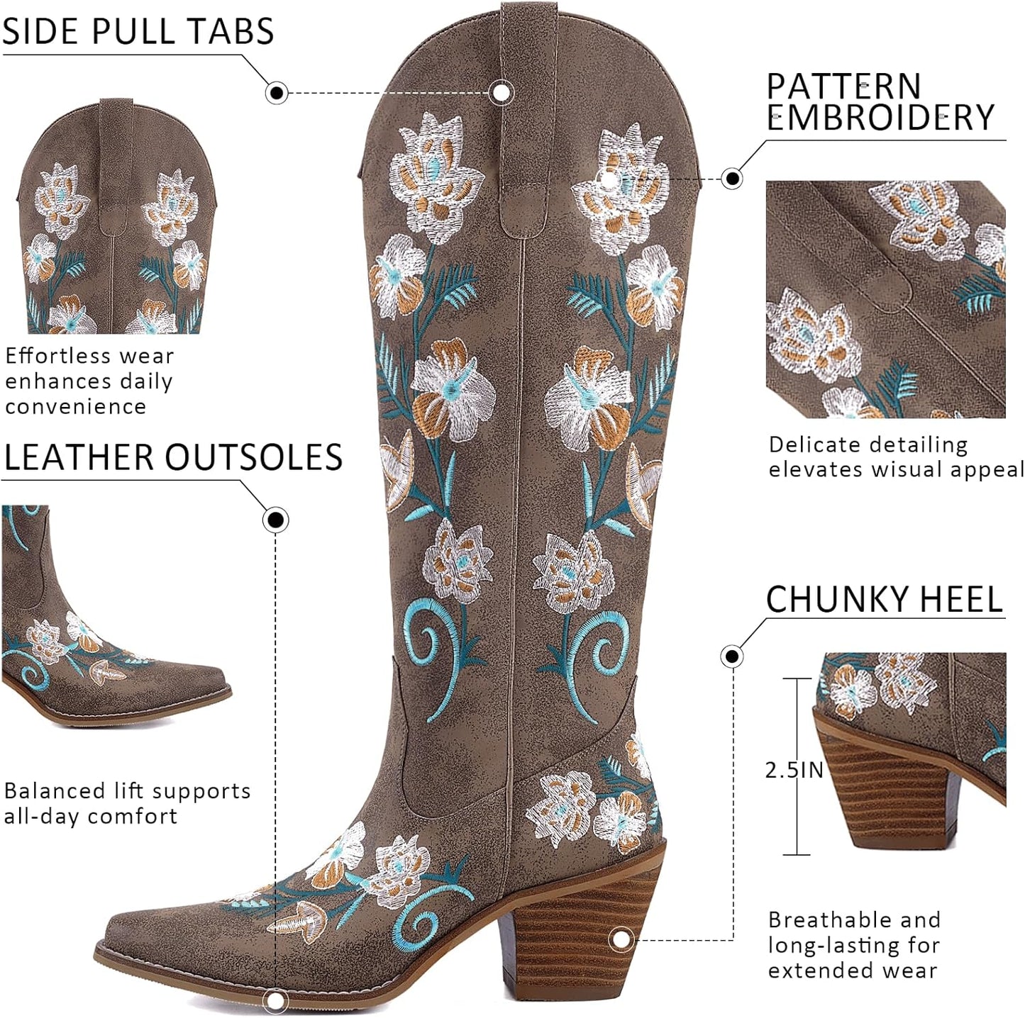 Women's White Cowboy Boots Knee High, Floral Embroidered Western Boots with Pointed Toe & Chunky Heel, Pull On Cowgirl Boots for Spring Outfit, Concert, Festival & Daily Wear 