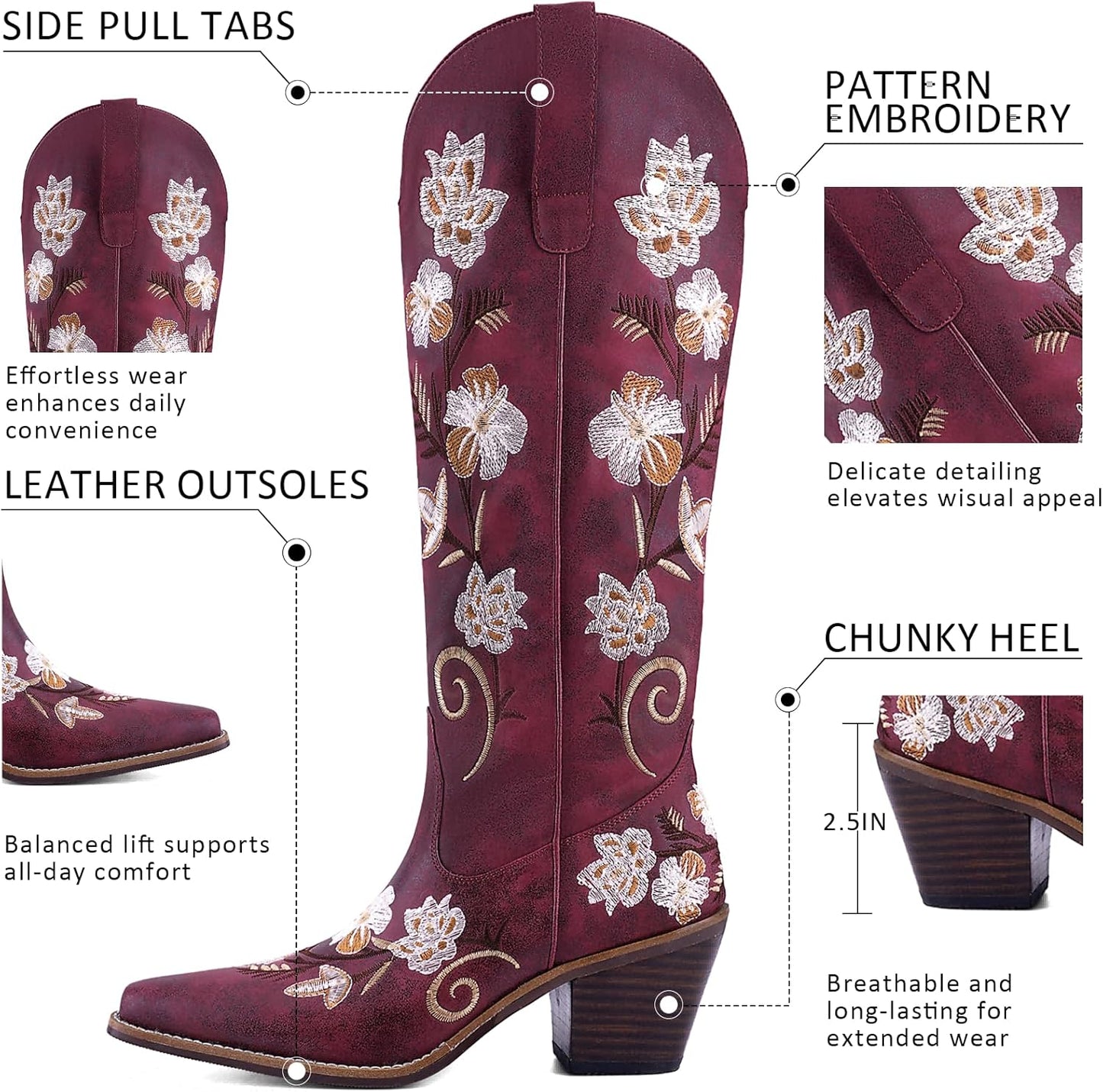 Women's White Cowboy Boots Knee High, Floral Embroidered Western Boots with Pointed Toe & Chunky Heel, Pull On Cowgirl Boots for Spring Outfit, Concert, Festival & Daily Wear 