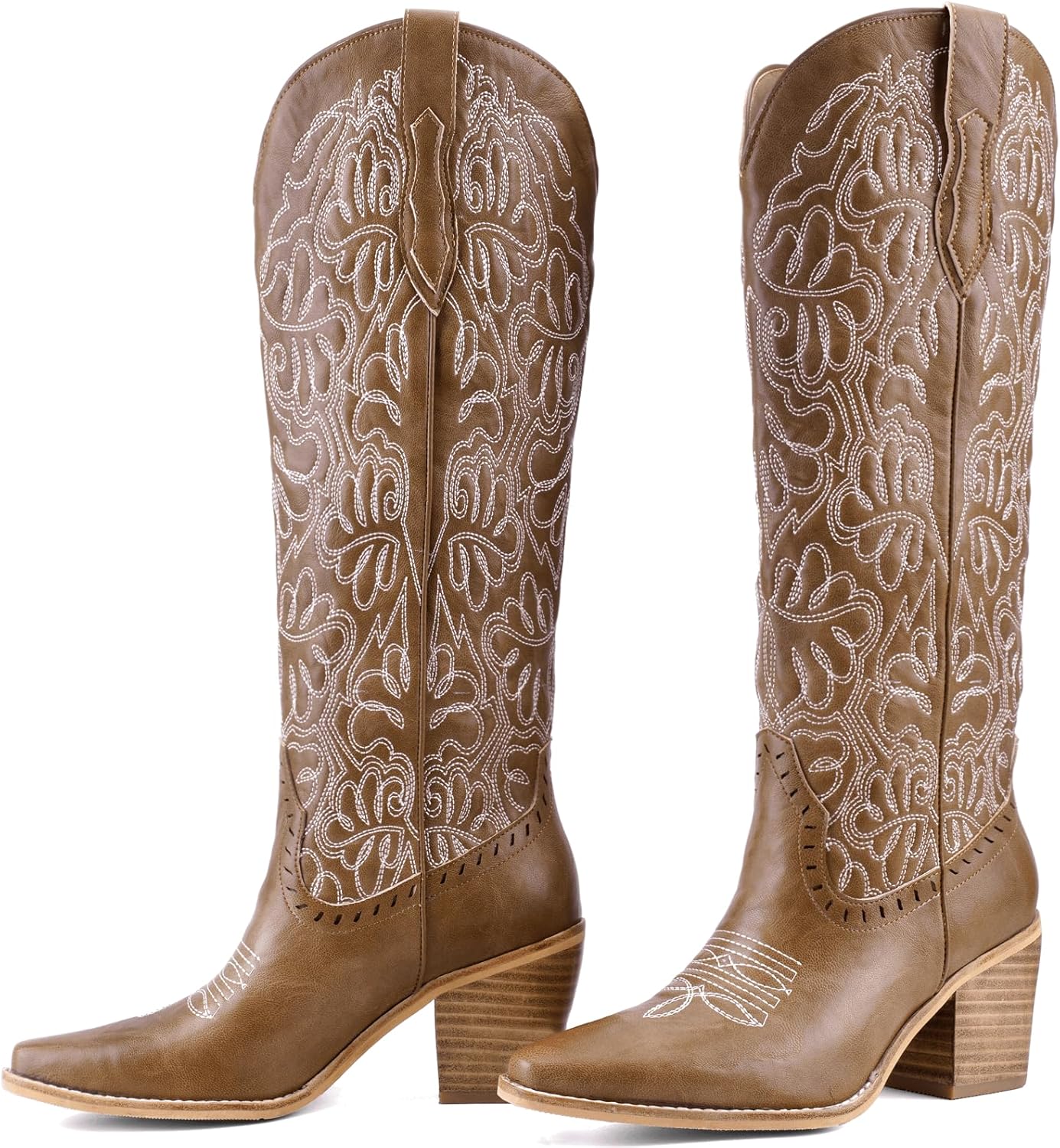 Women's Embroidered Knee-High Western Cowboy Boots, Soft Faux Leather Pull-On Fashion Cowgirl Boots with Pointed Toe and Chunky Heel for Concert, Festival, Party and Daily Outfit 
