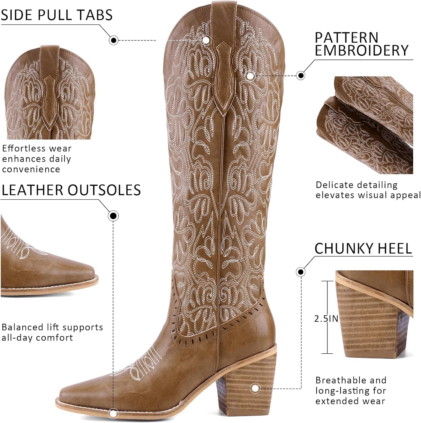 Women's Embroidered Knee-High Western Cowboy Boots, Soft Faux Leather Pull-On Fashion Cowgirl Boots with Pointed Toe and Chunky Heel for Concert, Festival, Party and Daily Outfit 