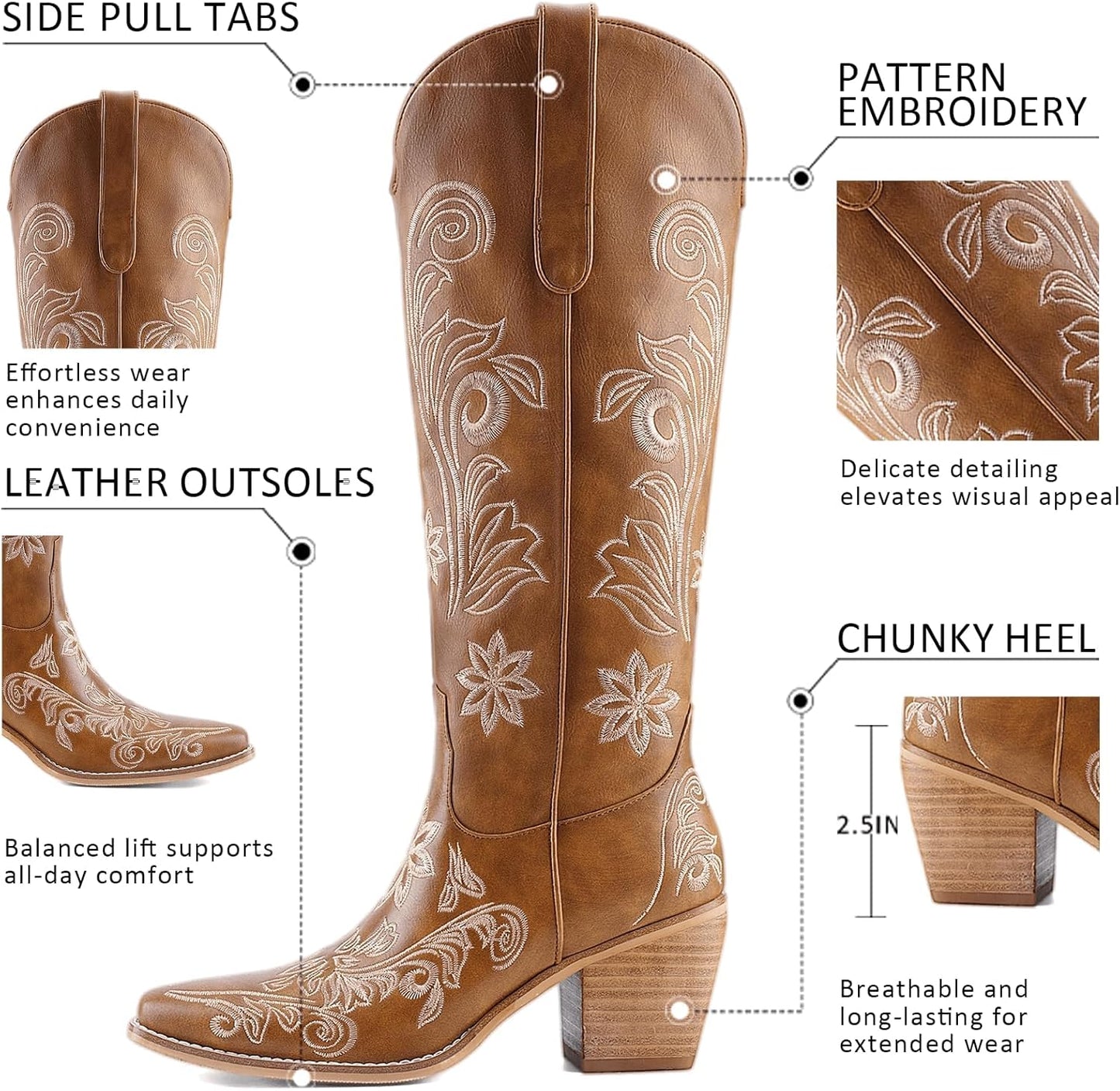 Women's White Cowboy Boots Knee High, Floral Embroidered Western Boots with Pointed Toe & Chunky Heel, Pull On Cowgirl Boots for Spring Outfit, Concert, Festival & Daily Wear 