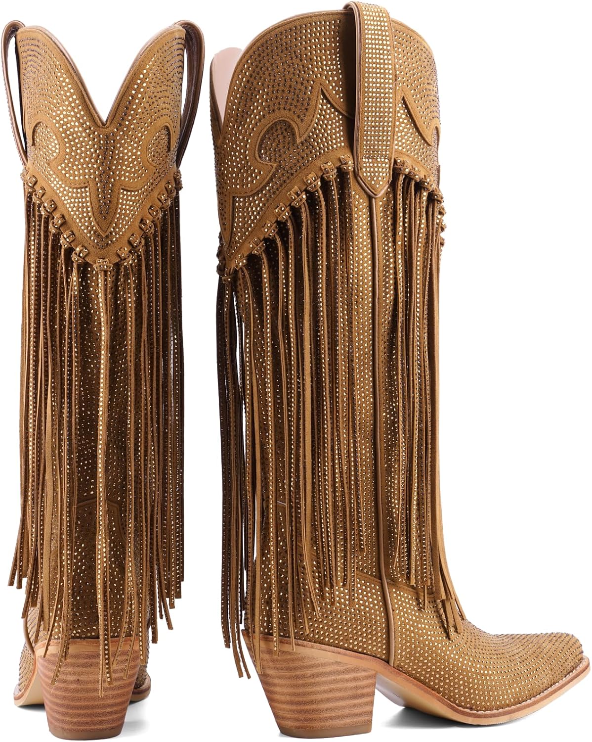Rhinestone Fringe Cowgirl Boots for Women, Knee High Western Boots with Embroidery, Pointed Toe Chunky Heel Pull On, Concert Festival Statement Boots 