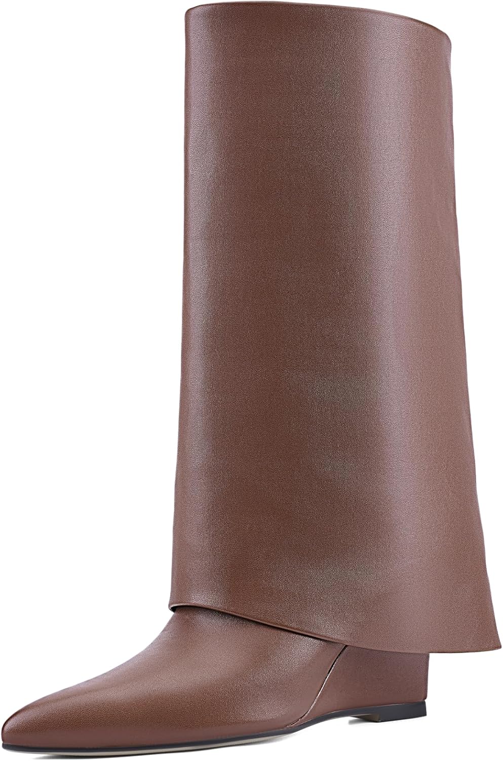 Fold Over Knee High Boots for Women, Slouchy Pull On Wedge Heel Boots with Pointed Toe, Vintage Style Dress Boots for Party, Dating, Fall Casual Outfits 