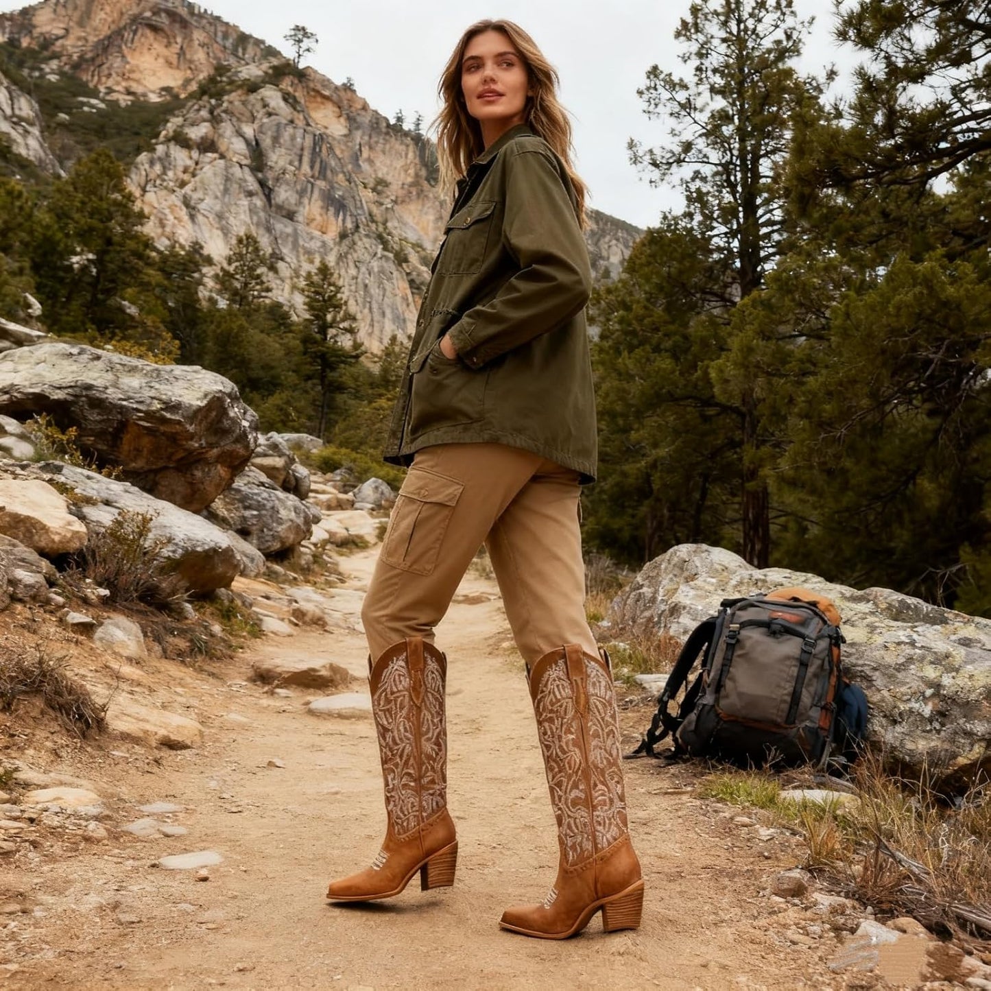 Women's Embroidered Knee-High Western Cowboy Boots, Soft Faux Leather Pull-On Fashion Cowgirl Boots with Pointed Toe and Chunky Heel for Concert, Festival, Party and Daily Outfit 