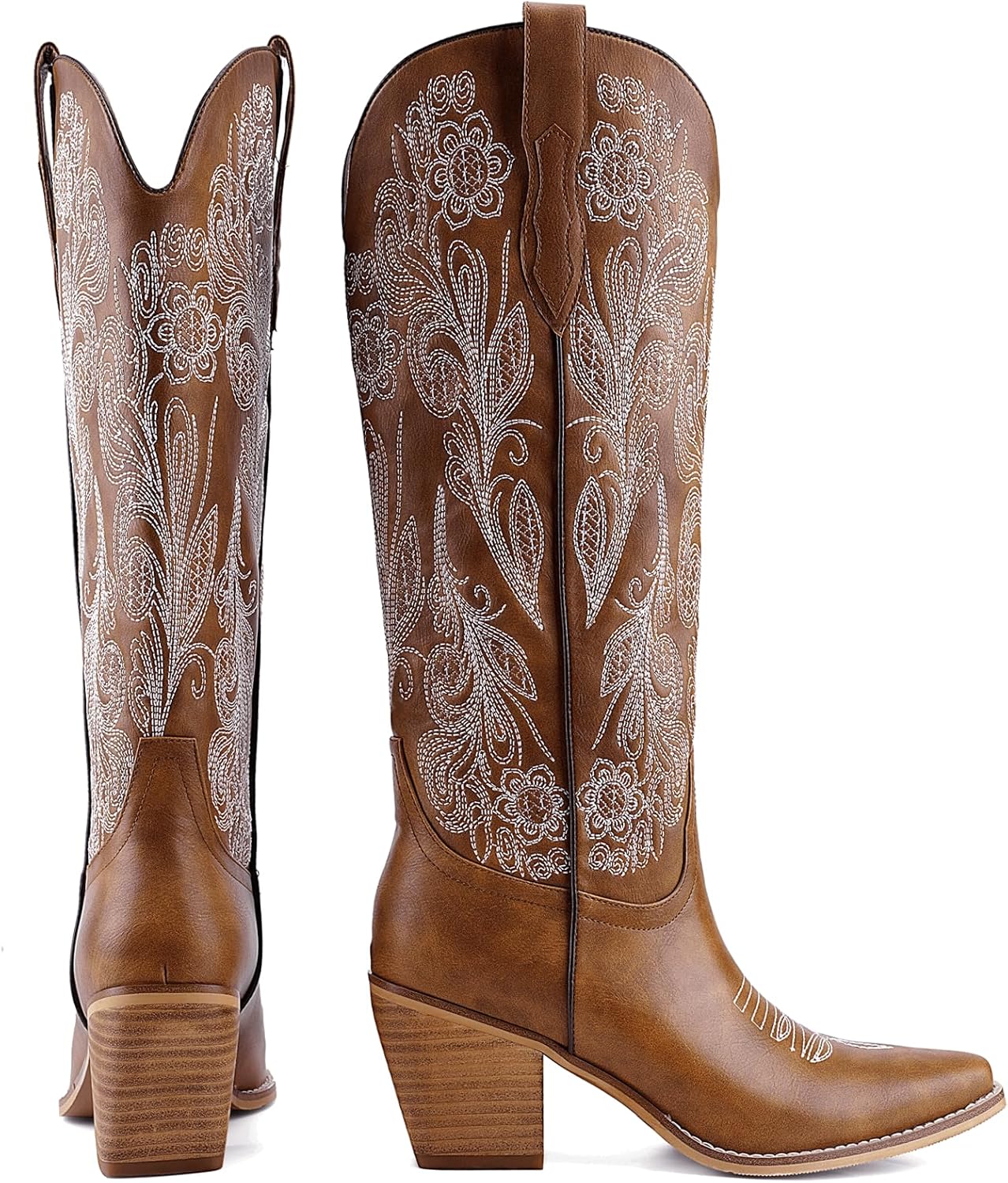 Women's White Cowboy Boots Knee High, Floral Embroidered Western Boots with Pointed Toe & Chunky Heel, Pull On Cowgirl Boots for Spring Outfit, Concert, Festival & Daily Wear 